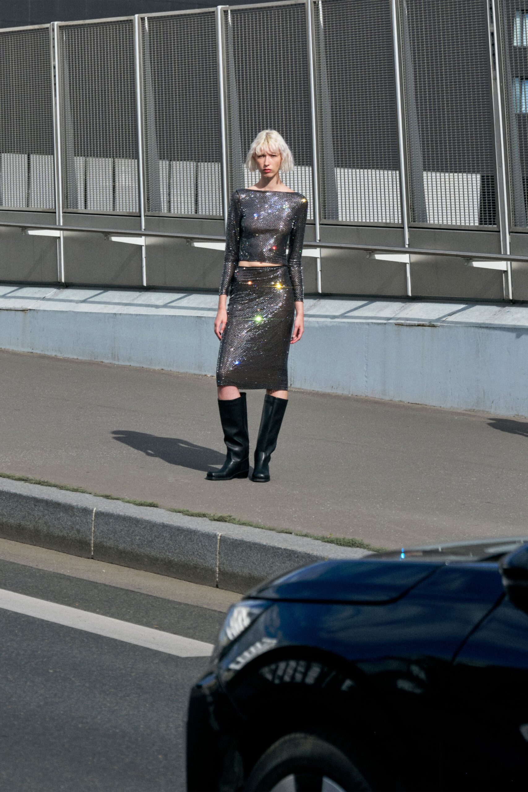 fitted sequined midi dress with boots