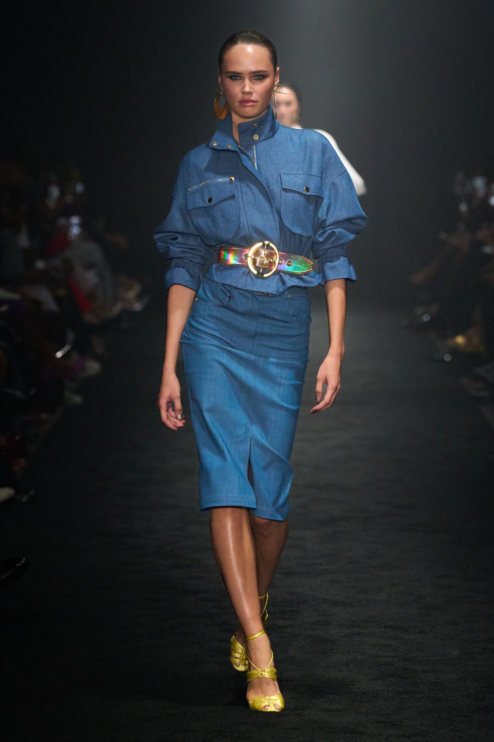 blue denim shirt and pencil skirt