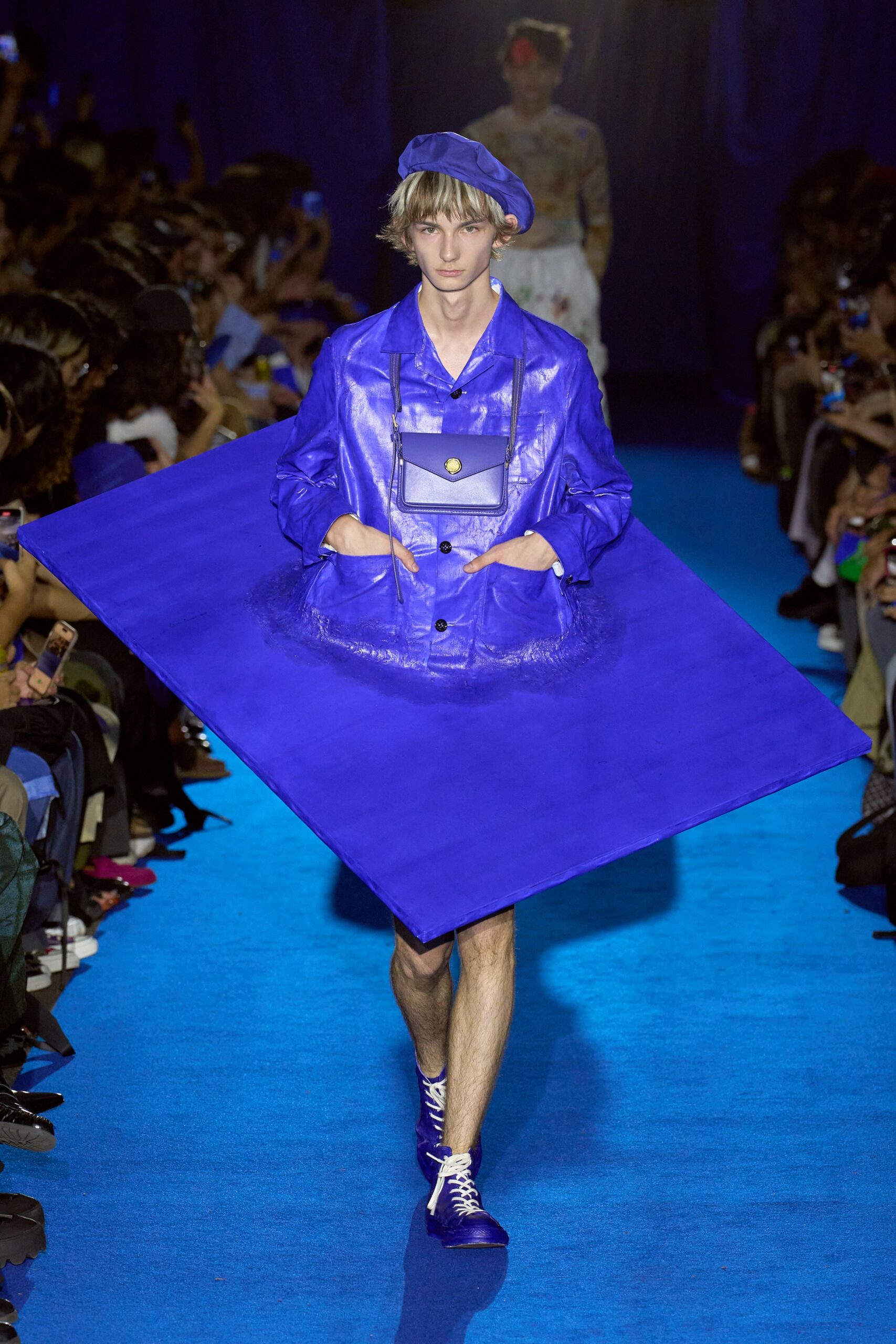 blue vinyl long-sleeve collared structured pockets coat