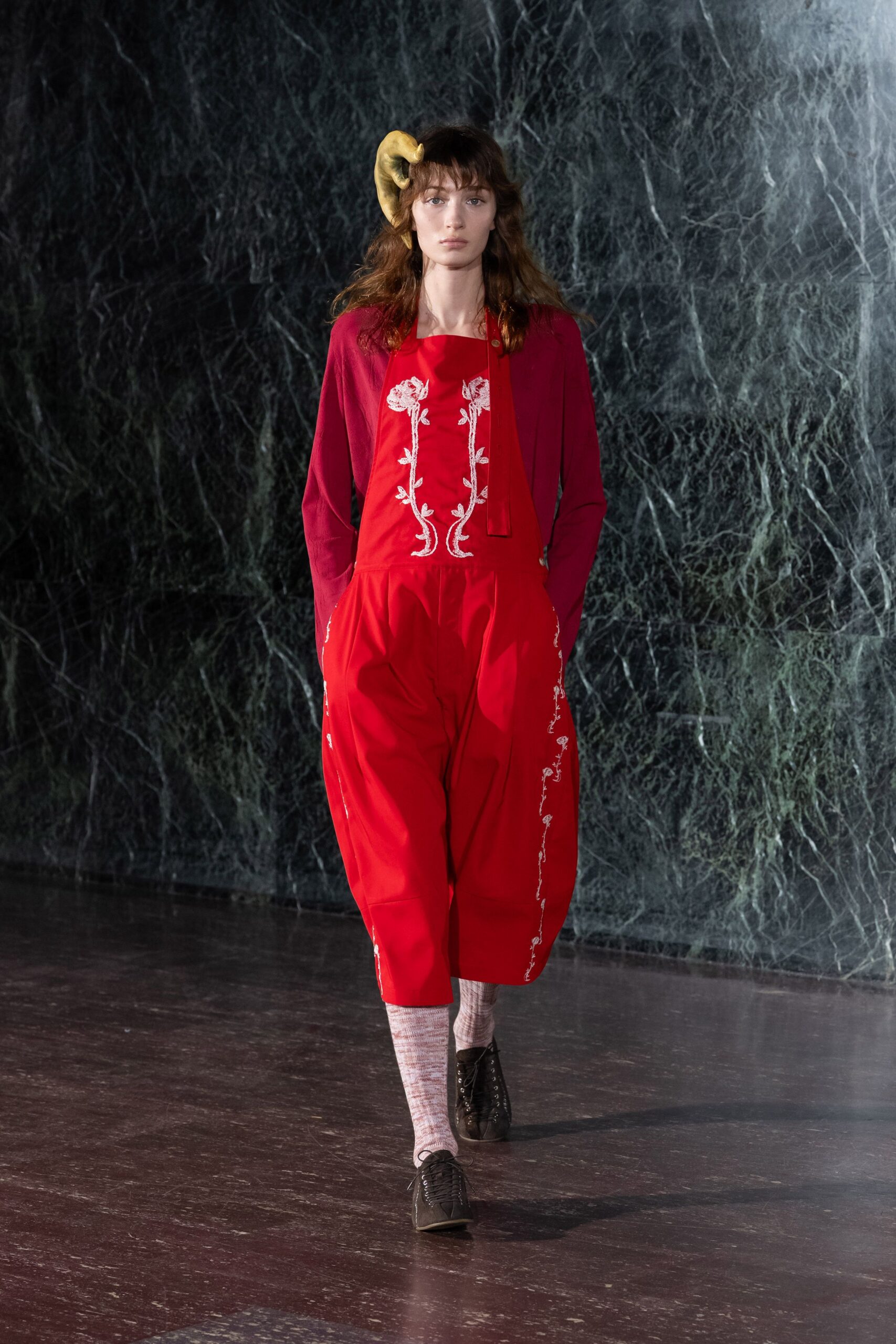 red long-sleeve collared relaxed embroidered jacket