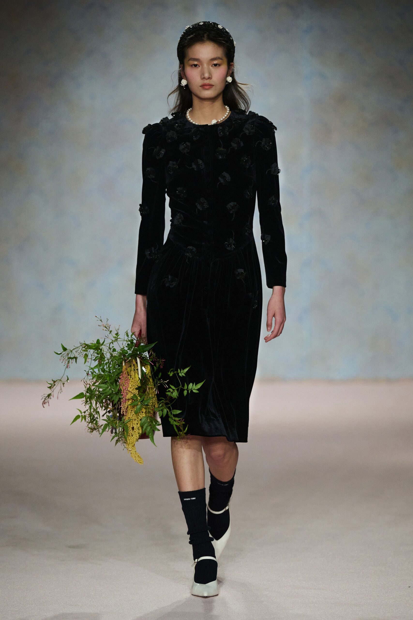 black velvet long-sleeve collared fitted embroidered midi dress