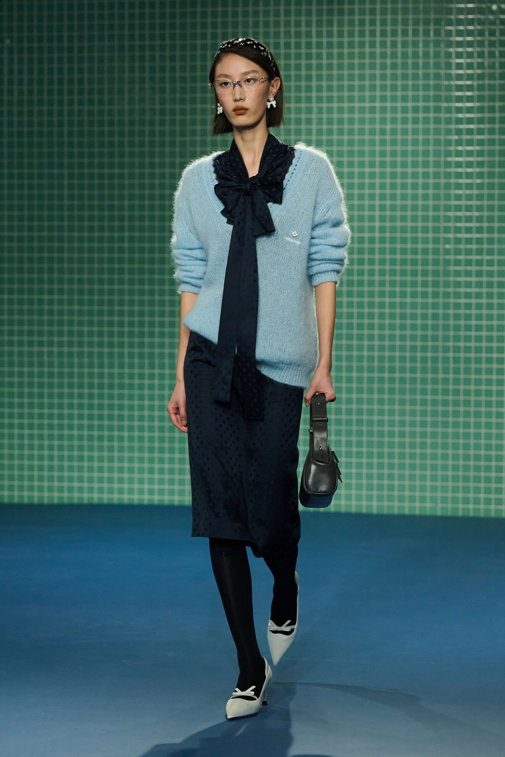 blue wool long-sleeve v-neck relaxed ruffled sweater