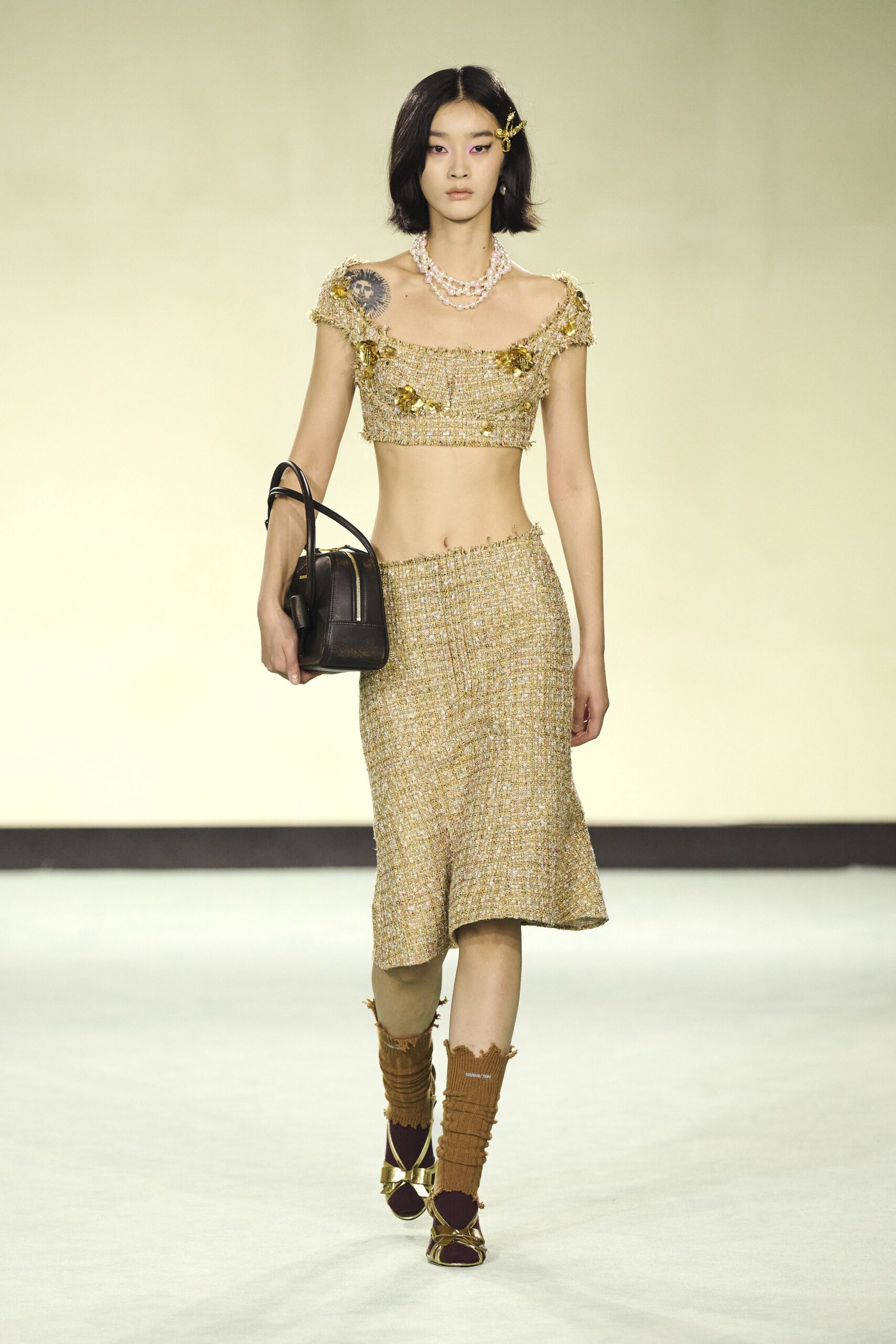 gold tweed sleeveless square-neck fitted embroidered cropped crop-top
