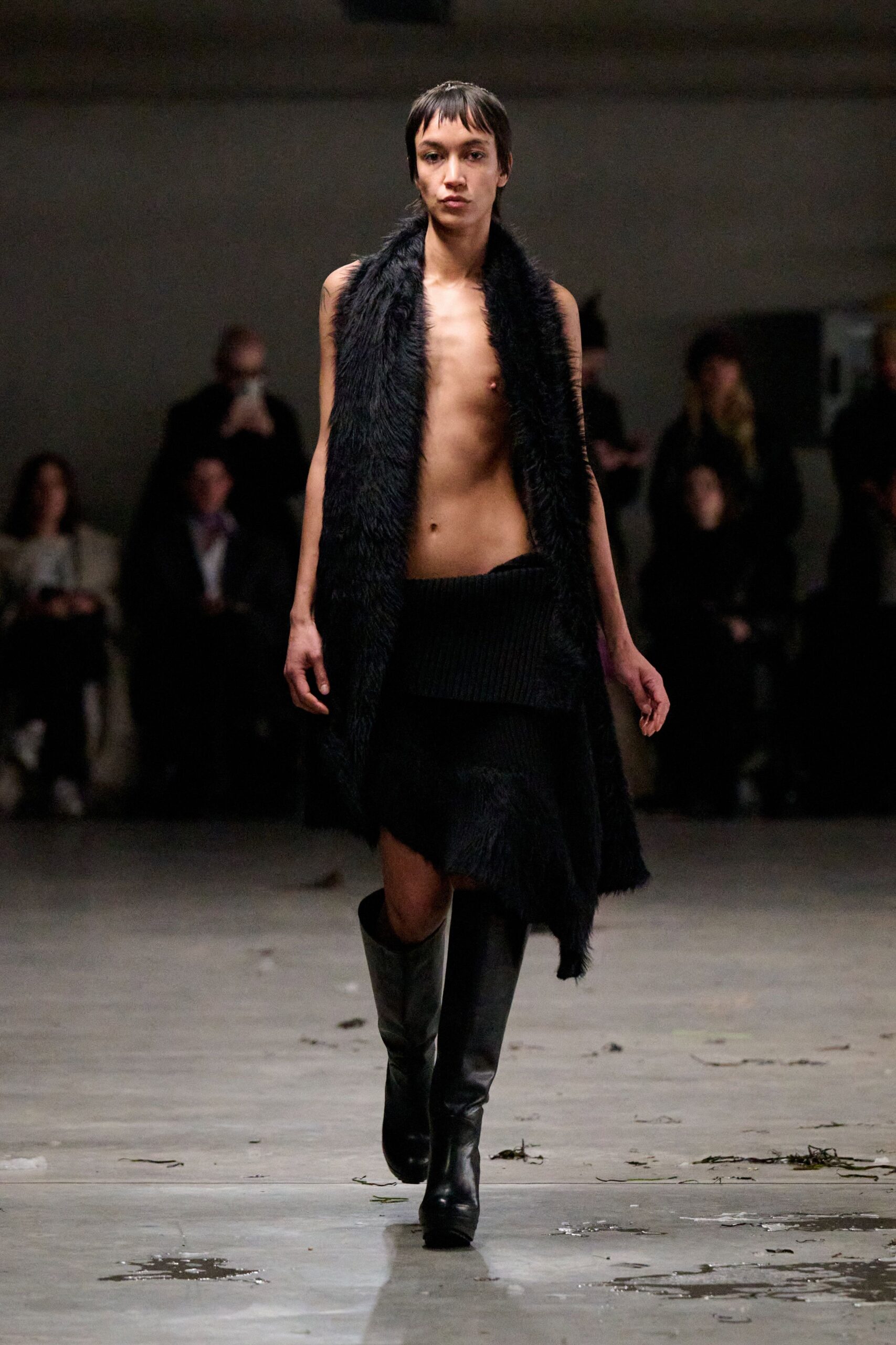 black faux-fur top and skirt