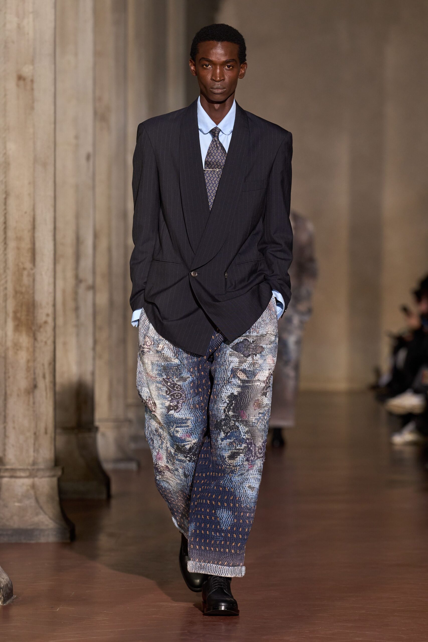 black tailored blazer blue shirt multi printed pants