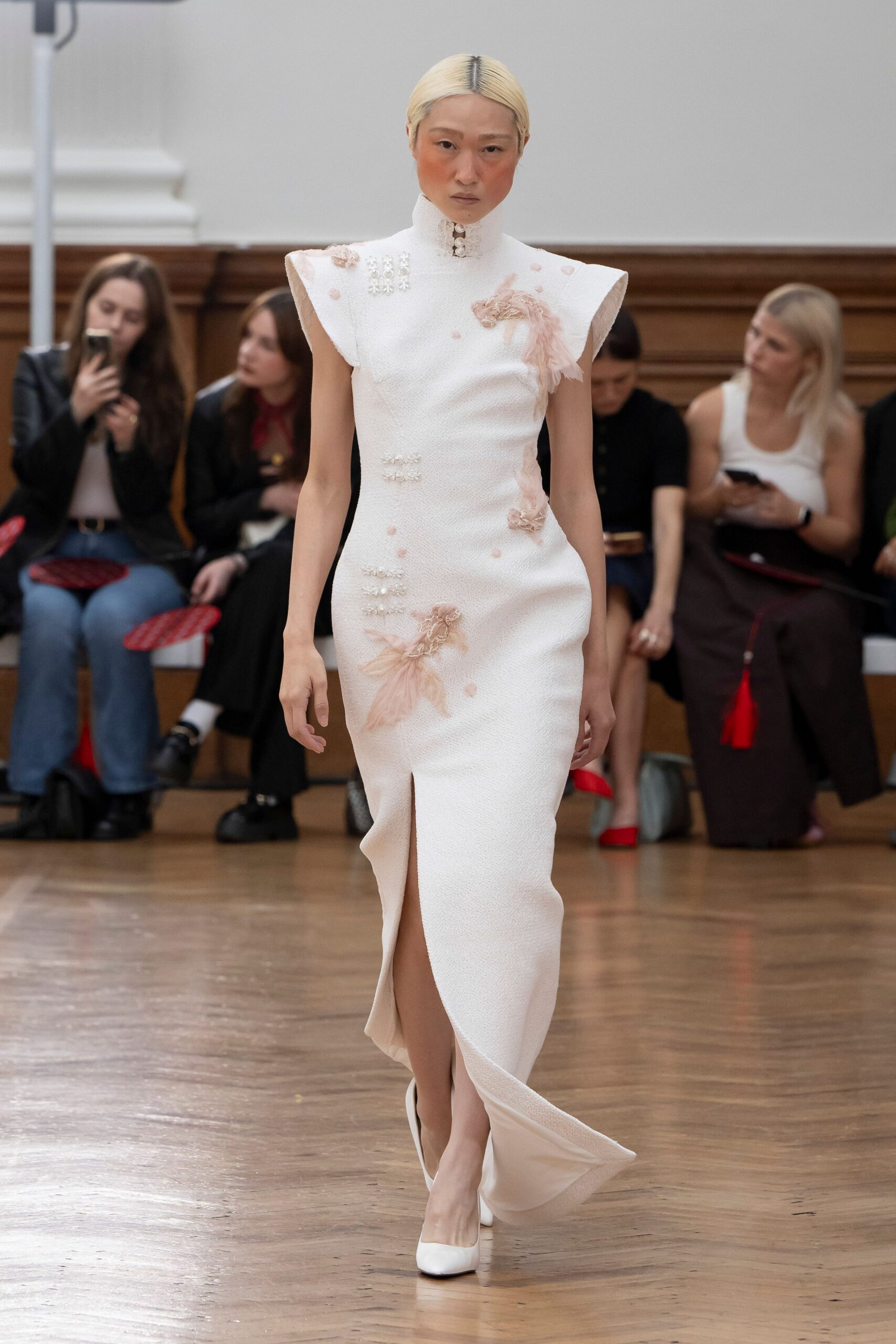 white silk sleeveless high-neck fitted embroidered shiny dress