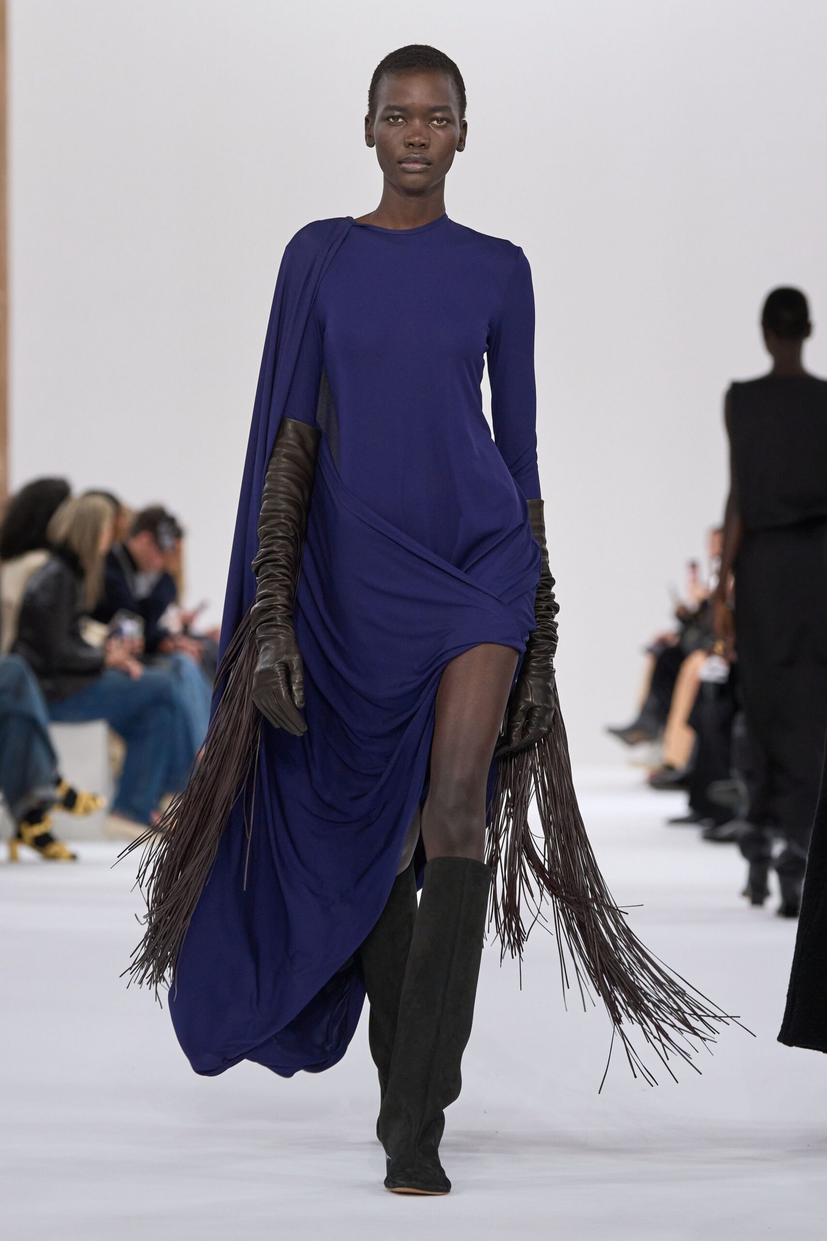 blue silk long-sleeve high-neck fitted draped flowing dress