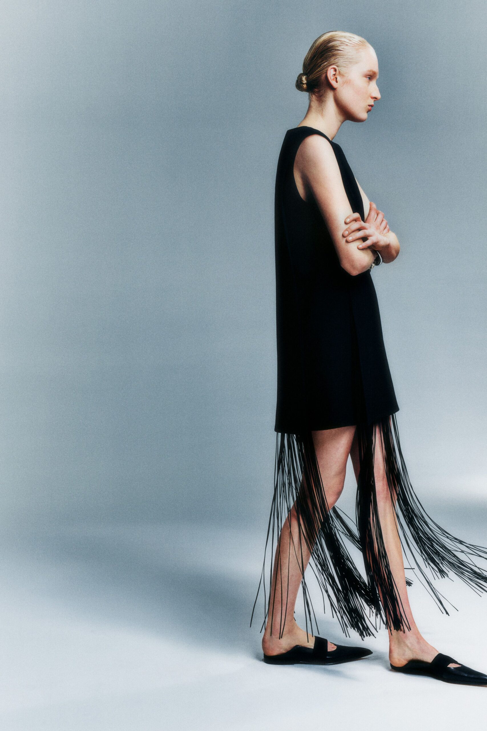 black silk fringed mini dress