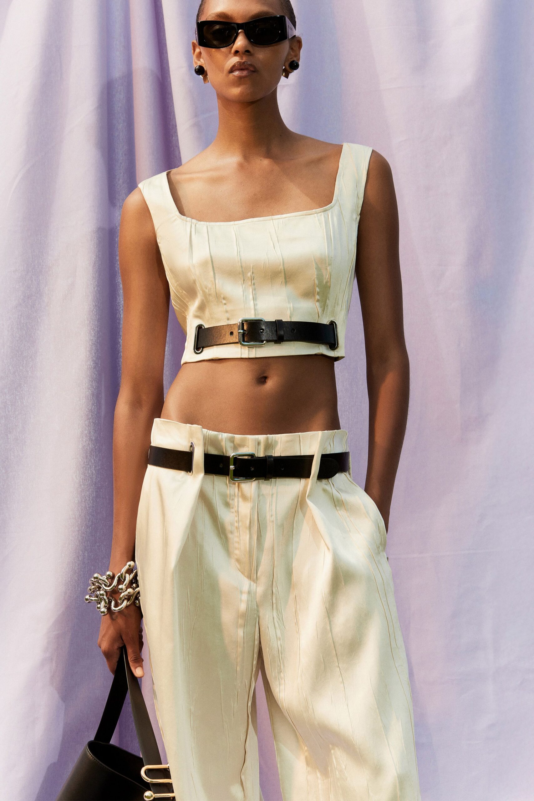 beige silk sleeveless square-neck fitted pleated belted crop-top