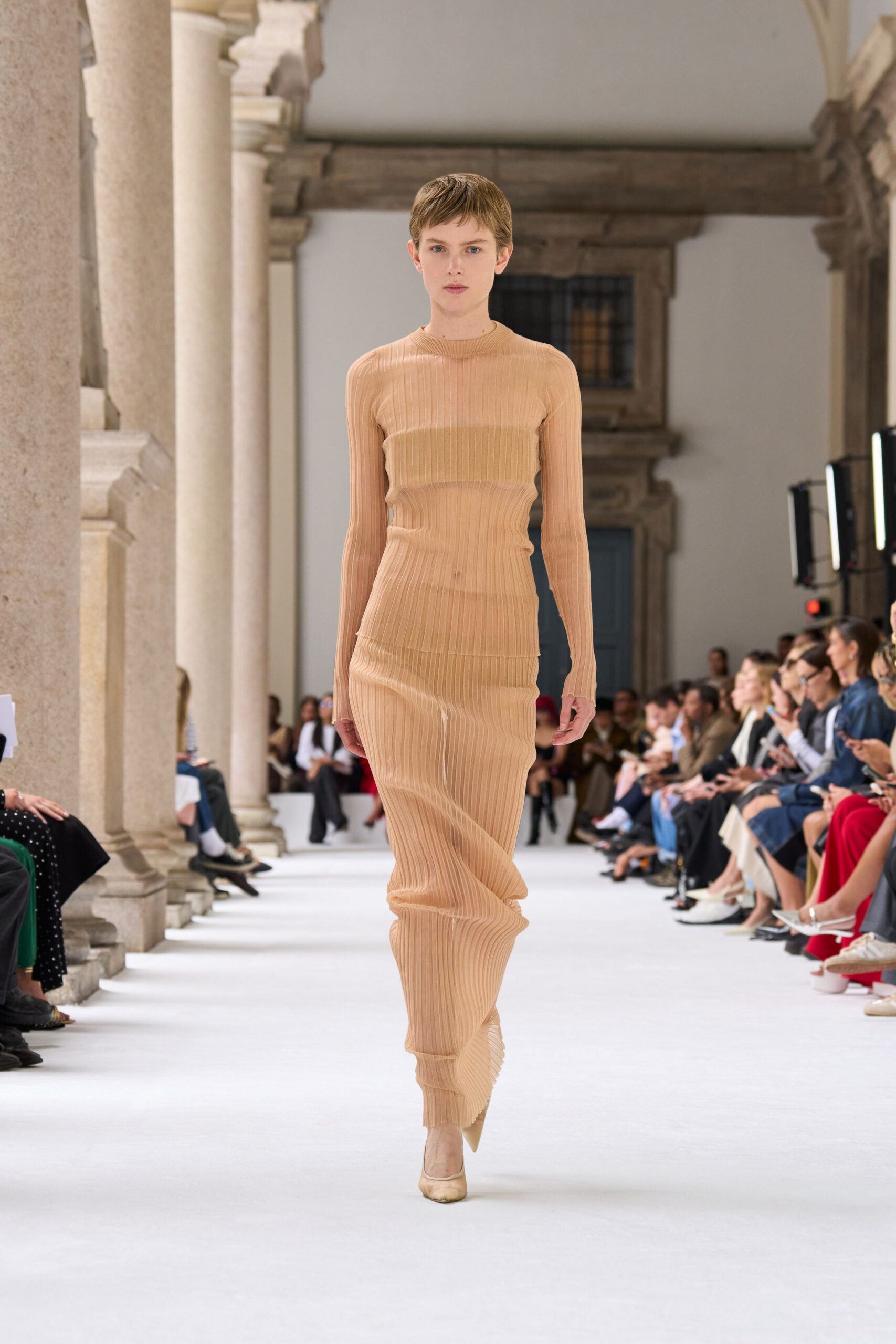 beige pleated silk gown