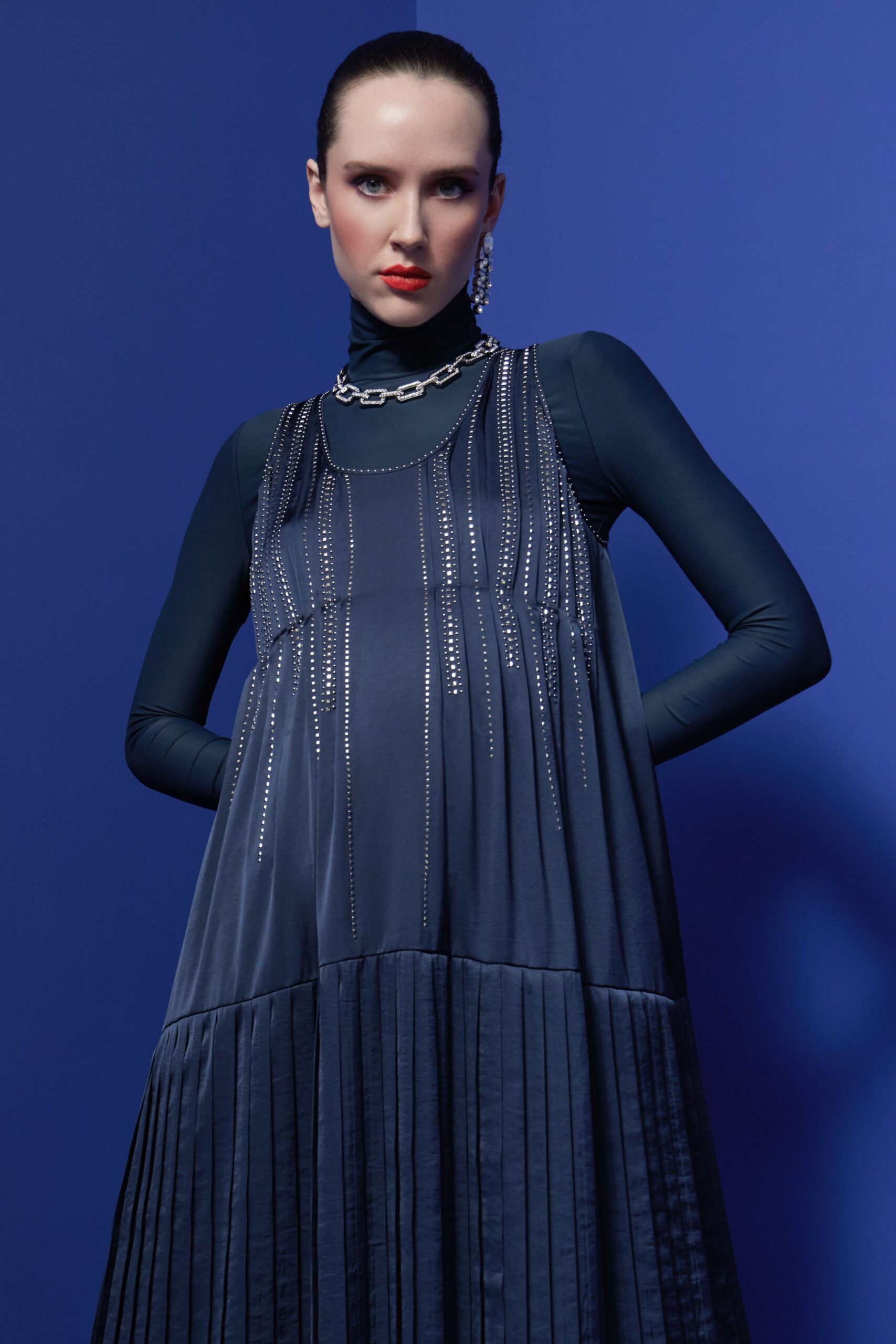 blue silk sleeveless high-neck relaxed pleated beaded dress