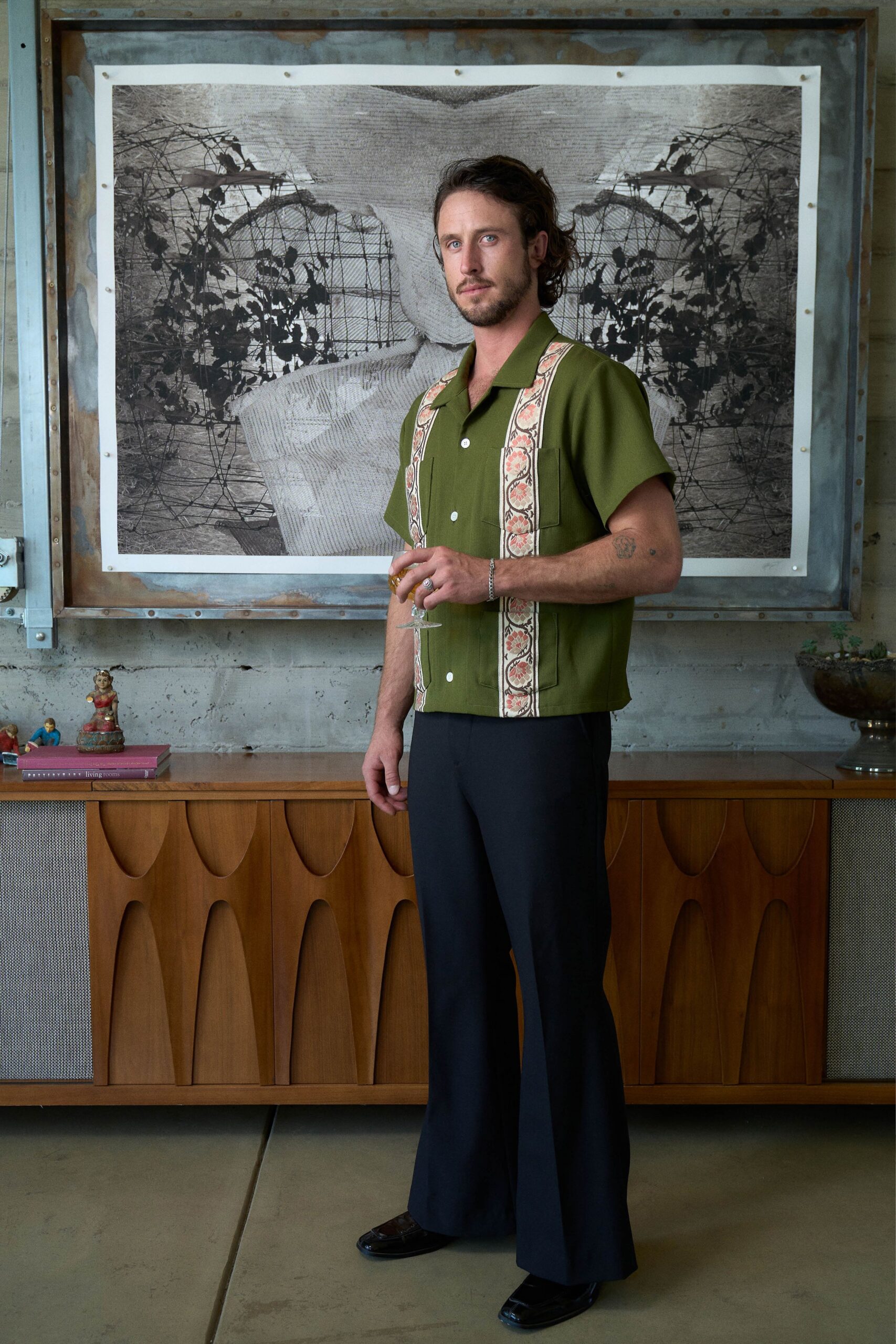 green cotton short-sleeve collared relaxed embroidered shirt