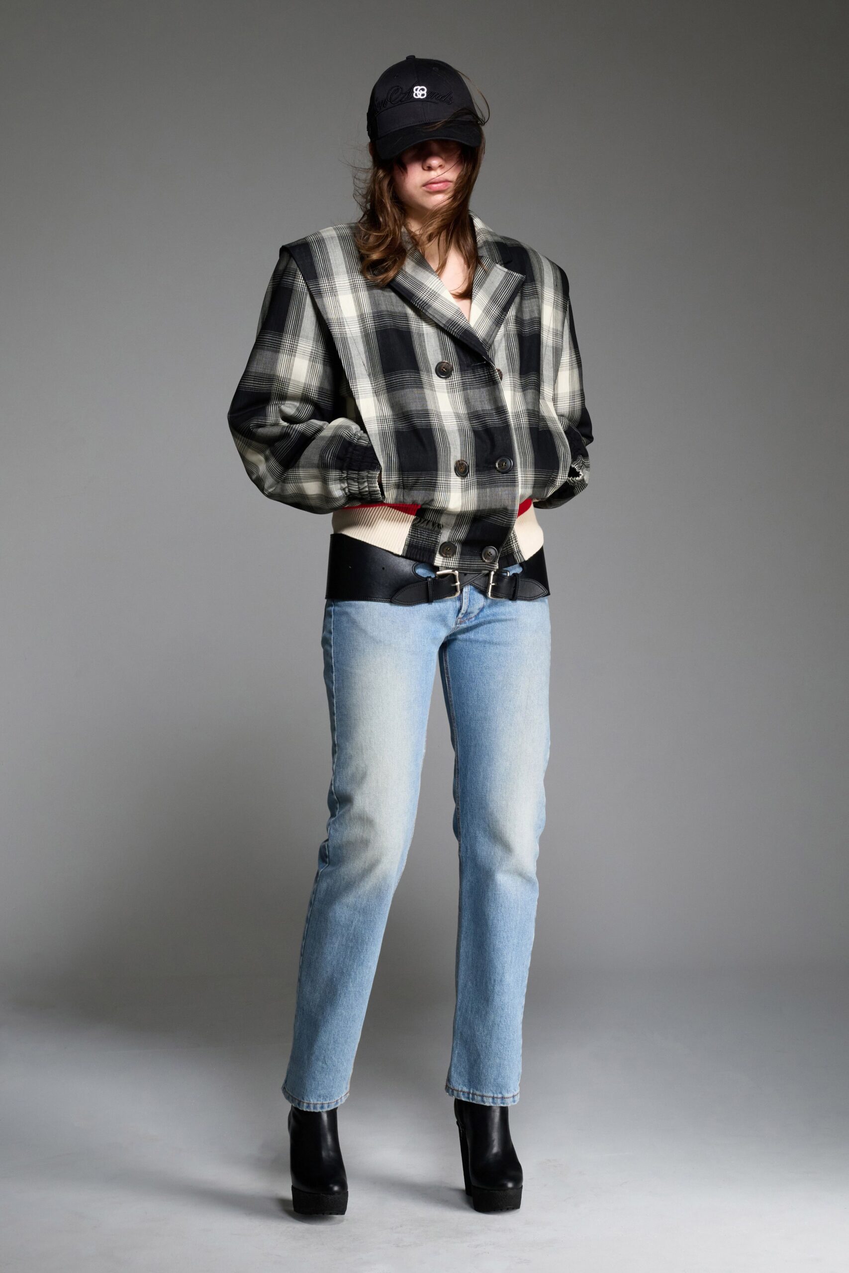 checked jacket with denim pants
