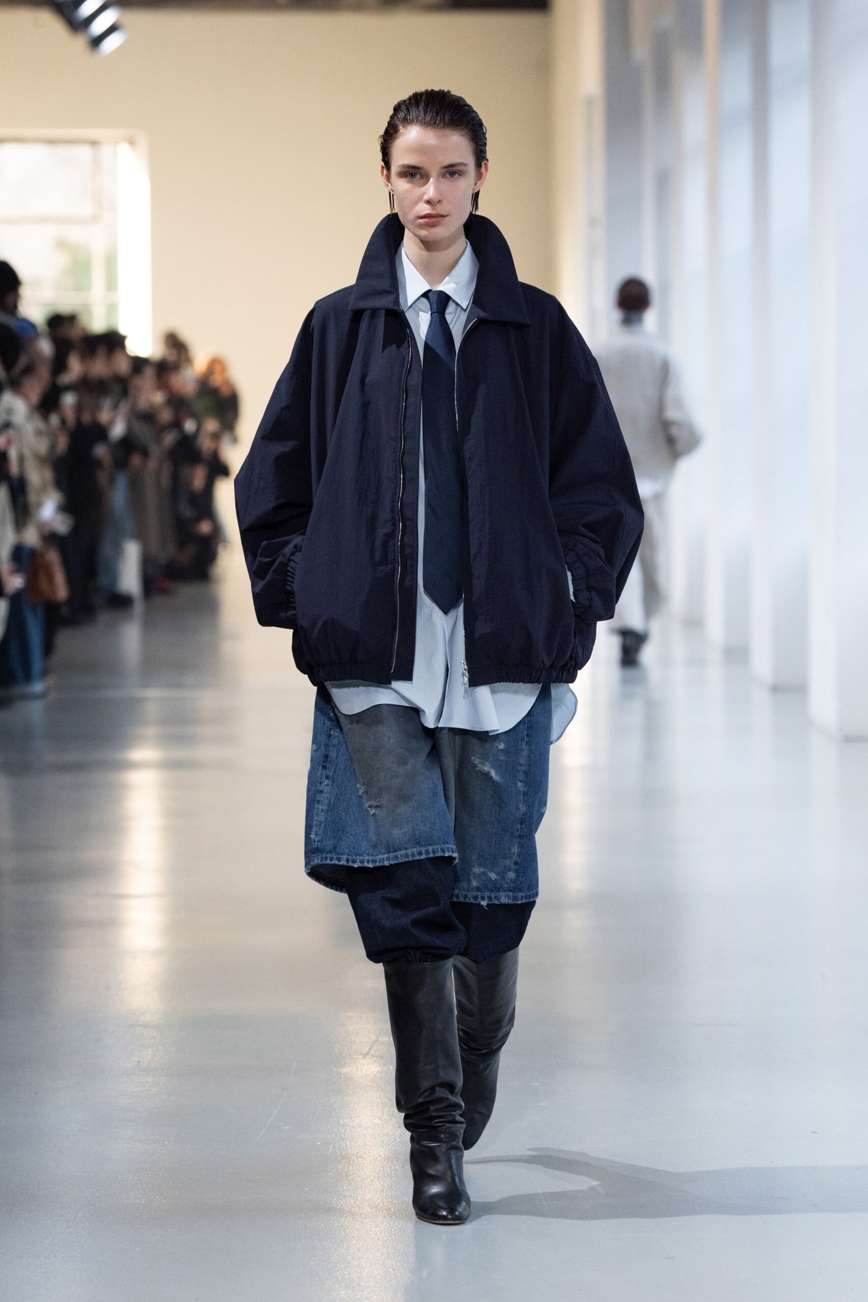 oversized navy jacket with relaxed white shirt