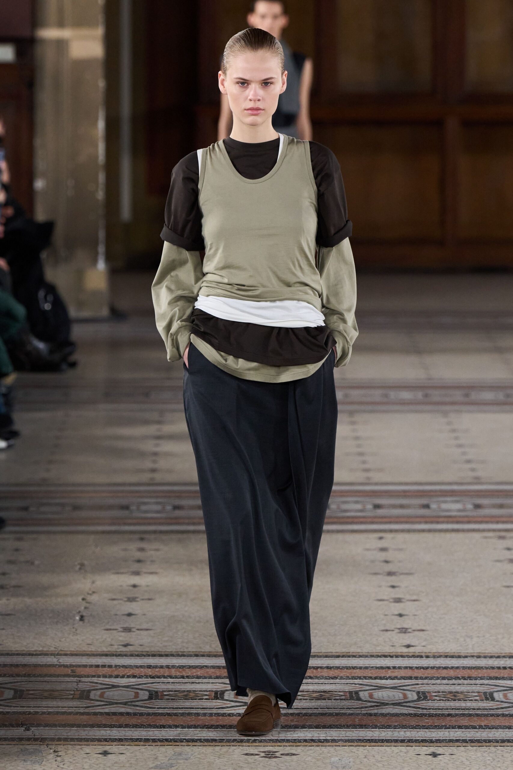 relaxed green and brown top with wide-leg pants