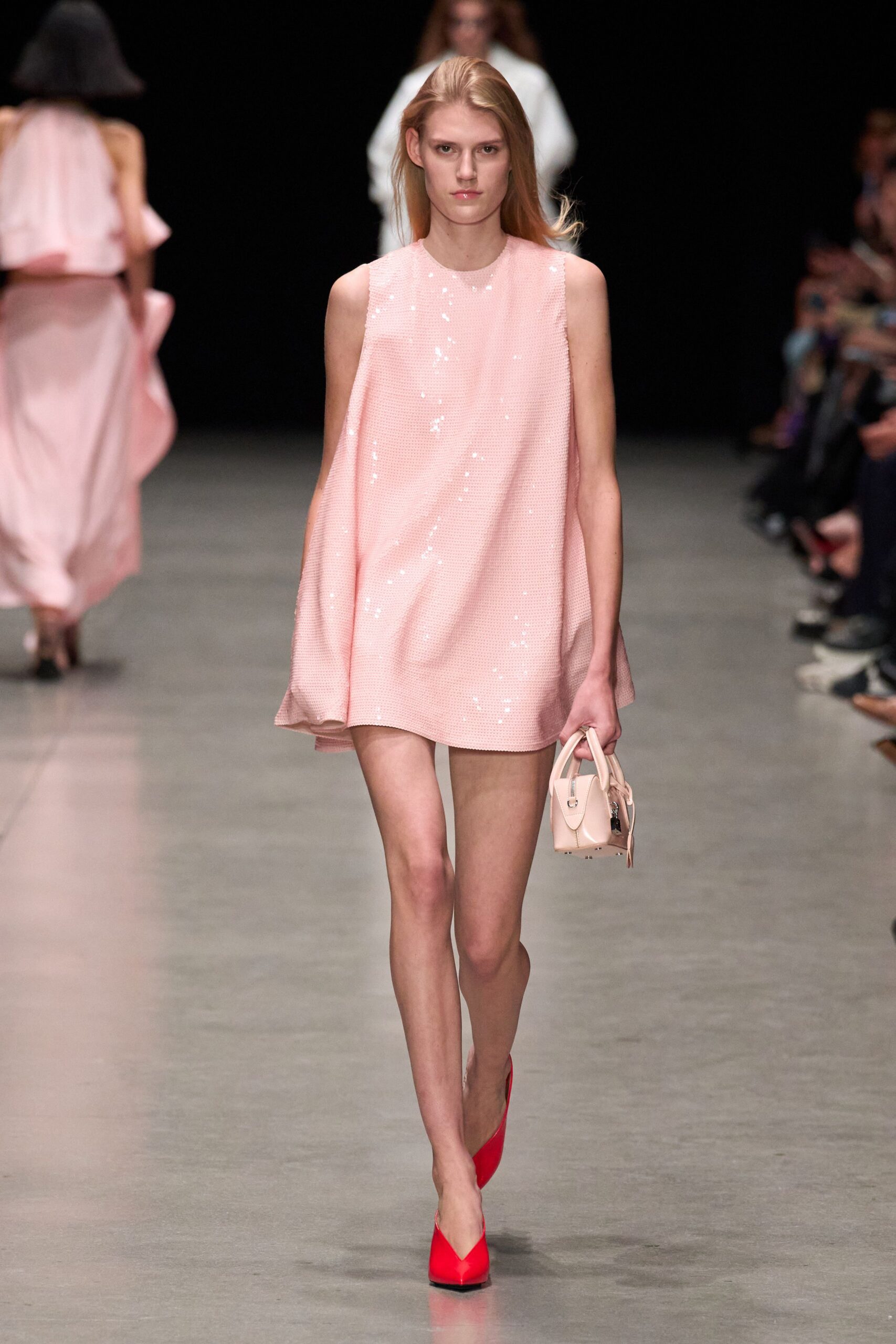 pink sequin sleeveless high-neck fitted straight-leg shiny dress