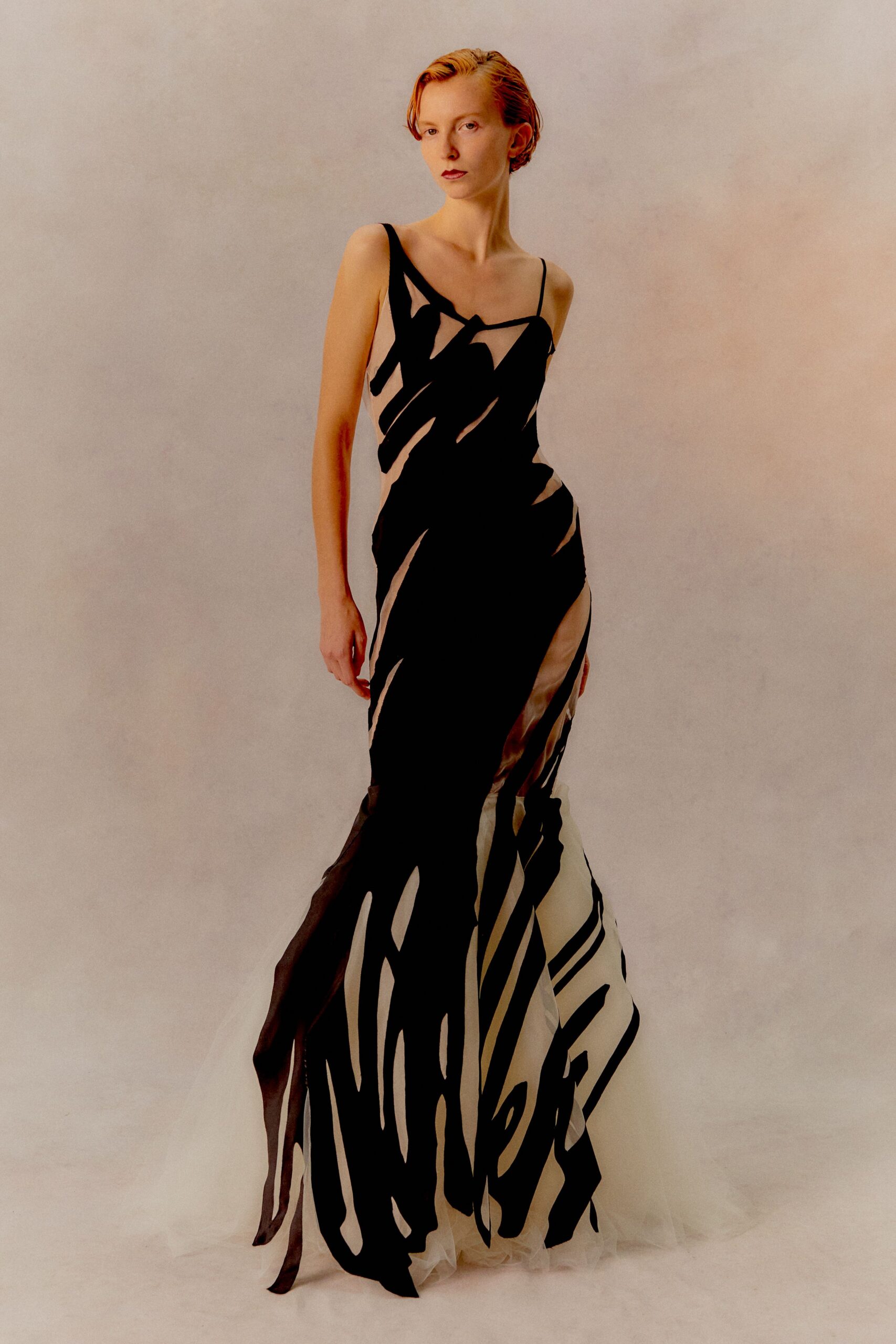 black and white flowing gown