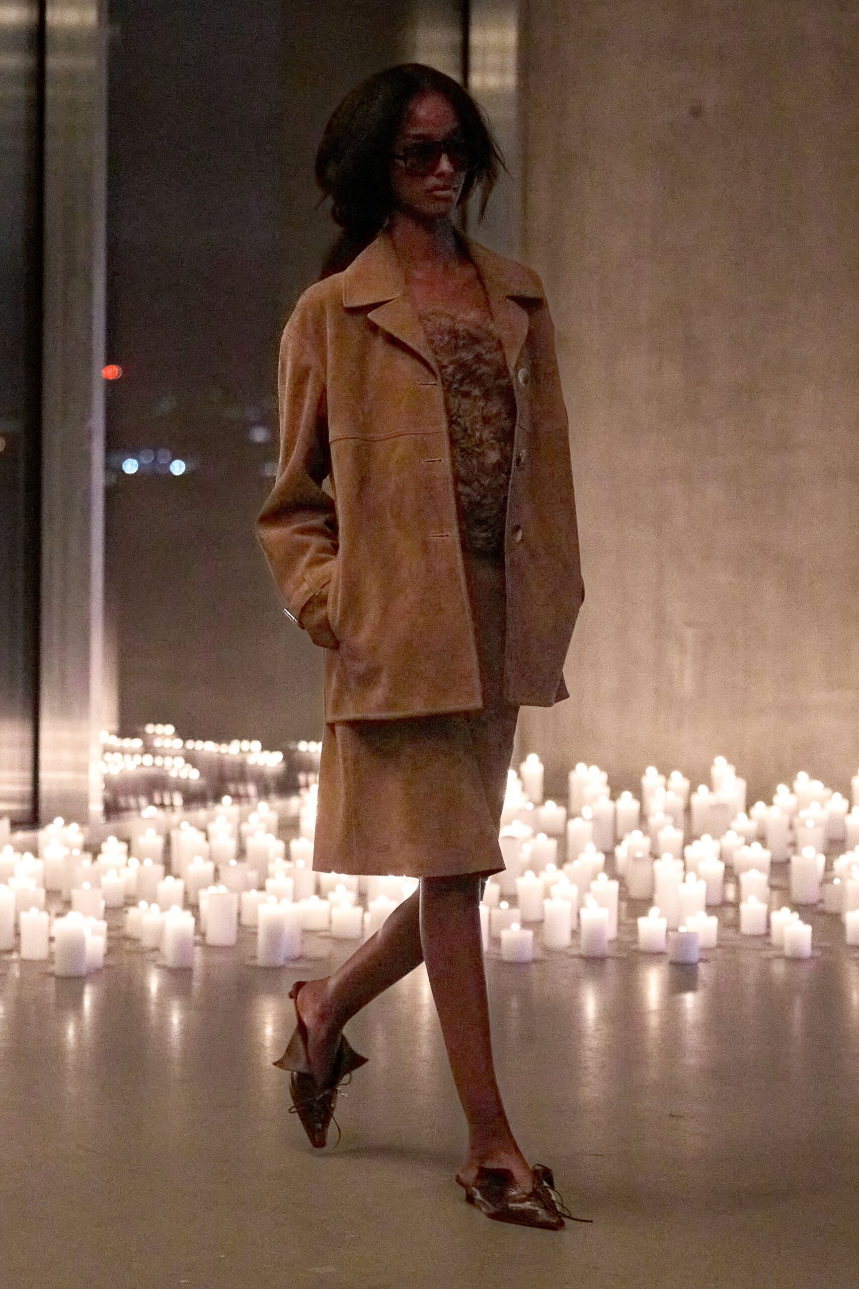 brown suede jacket and skirt