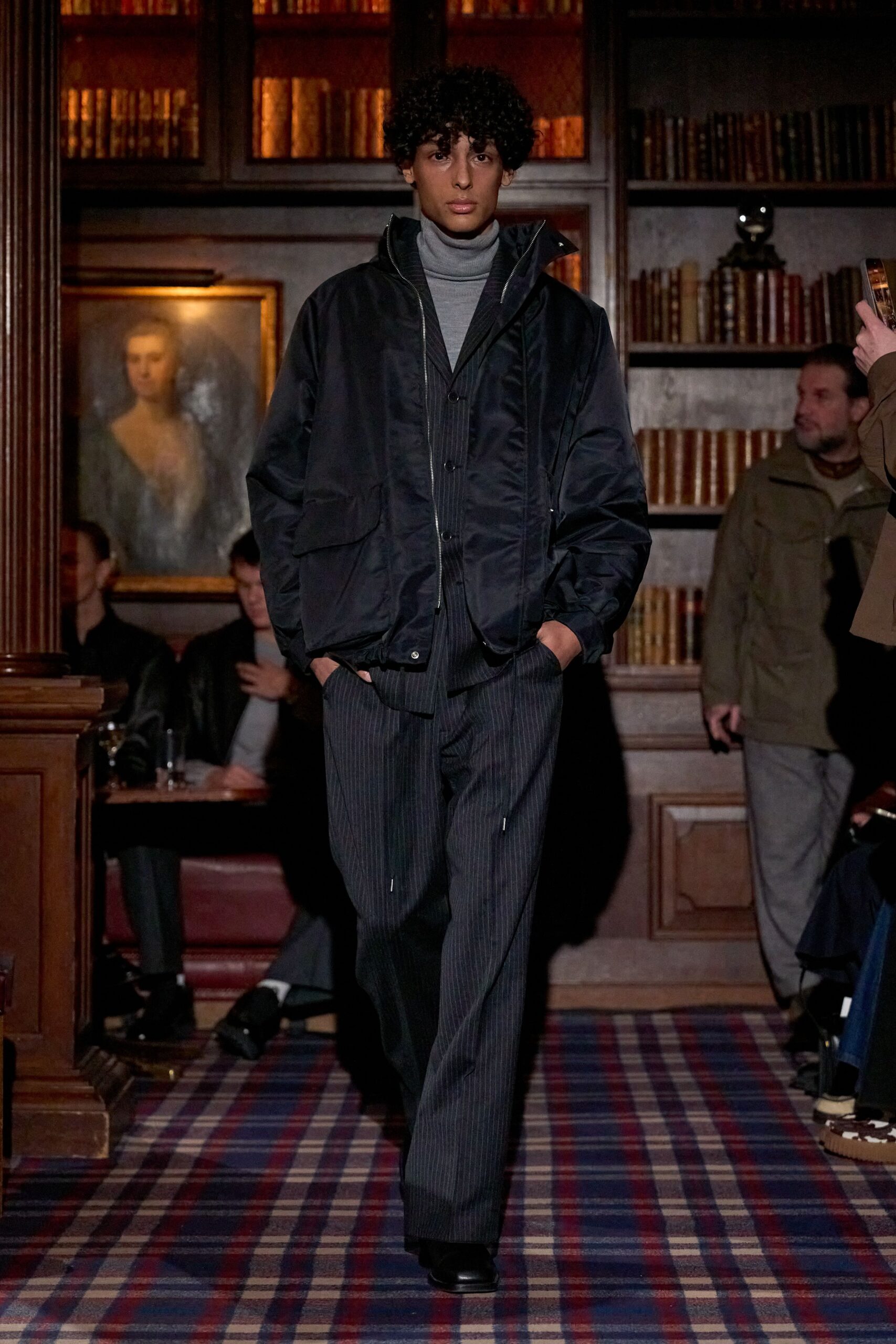 black relaxed jacket with gray turtleneck