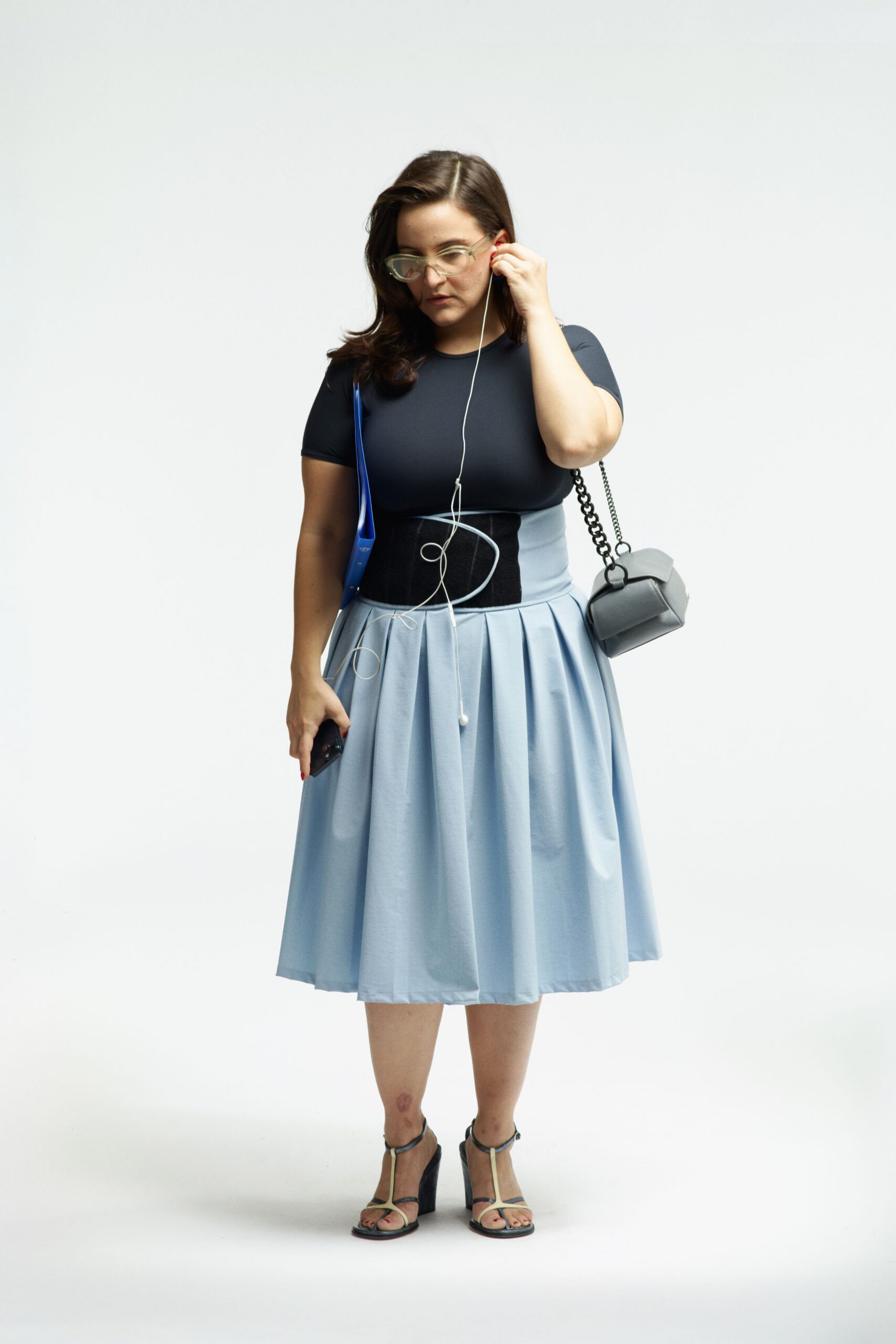 blue relaxed high-waisted pleated midi skirt