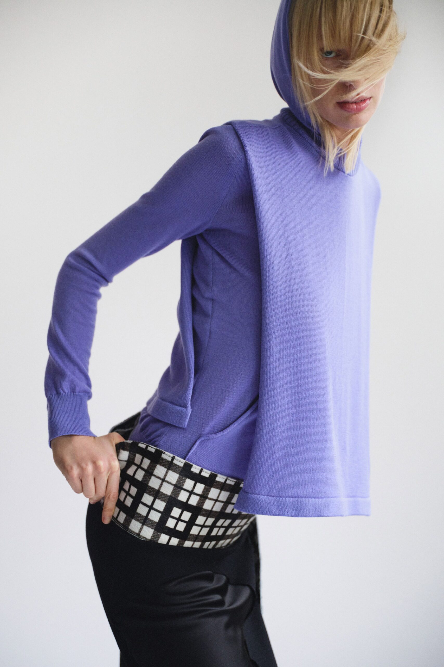 purple hoodie with checked top