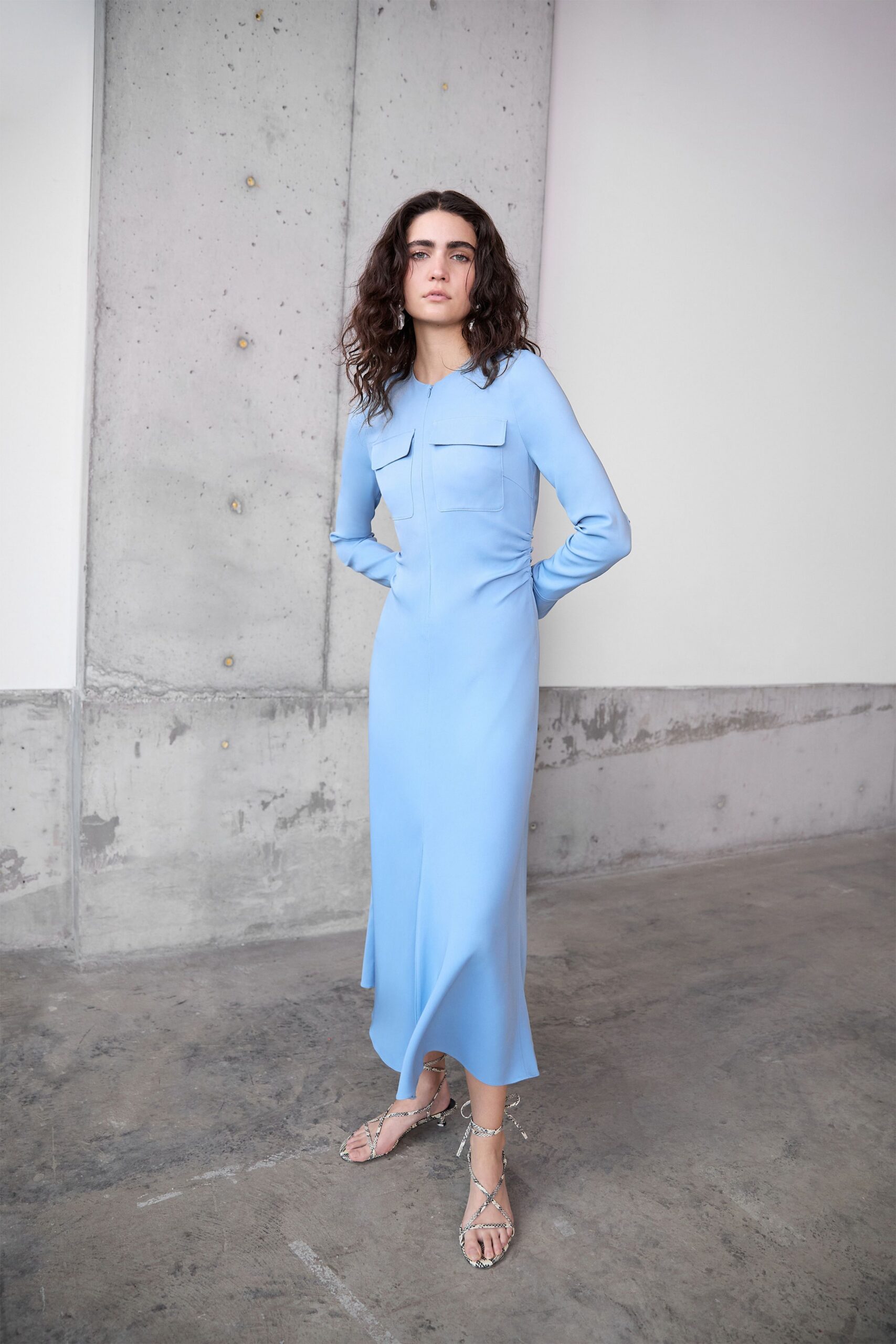 blue silk long-sleeve collared fitted straight-leg midi dress