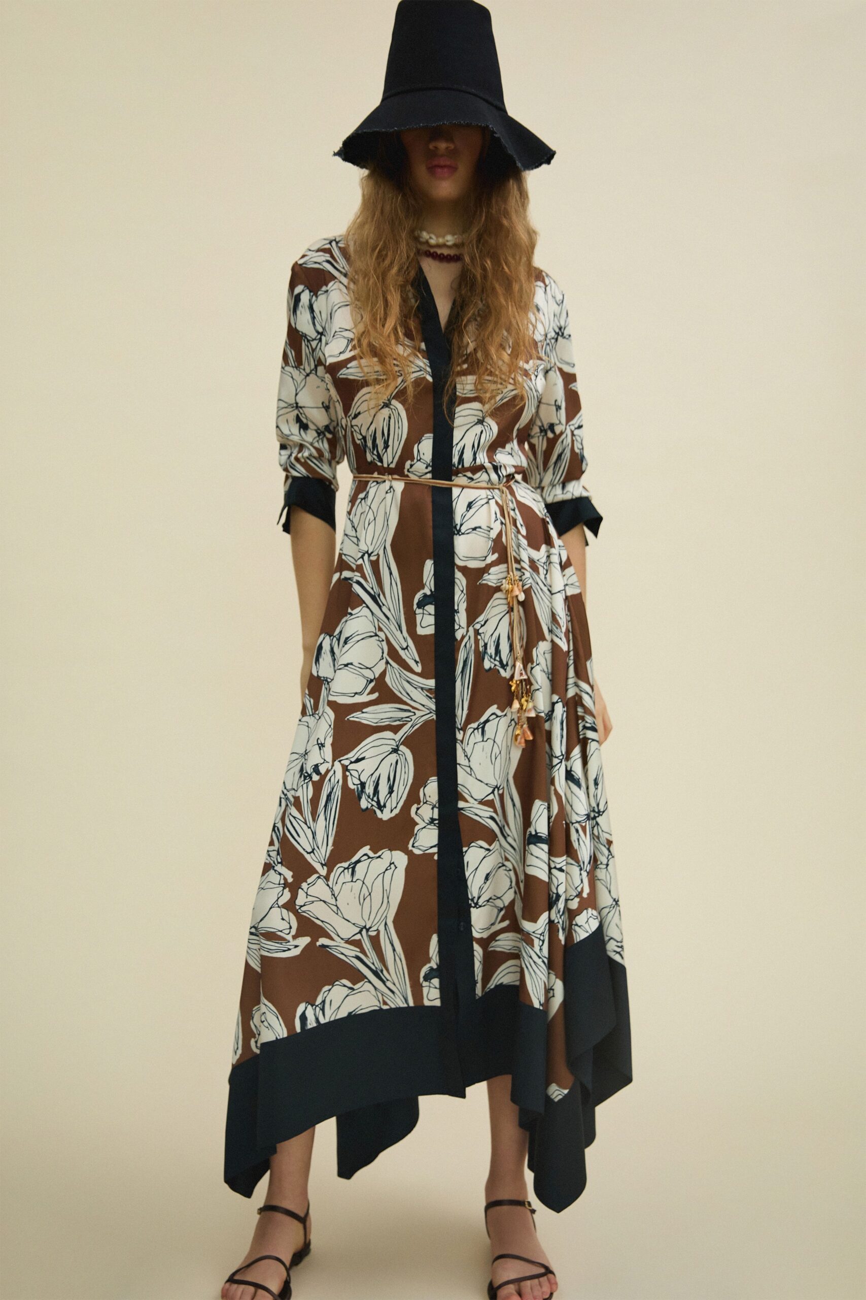 brown silk long-sleeve collared relaxed floral maxi dress