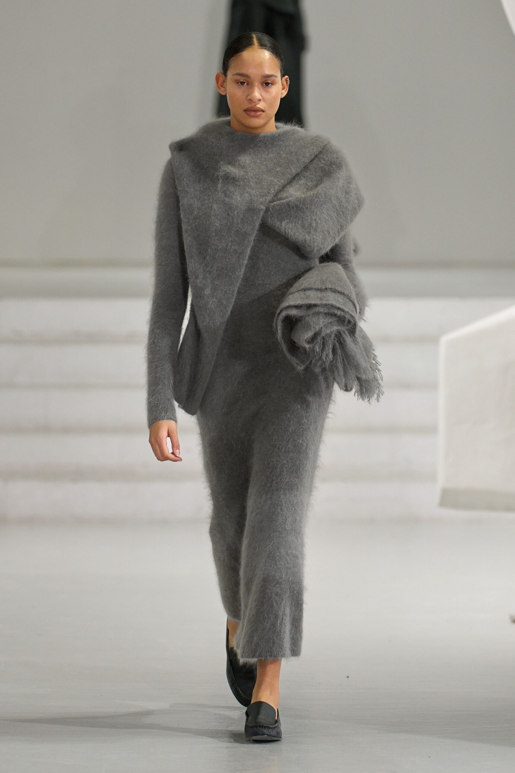 gray wool long-sleeve high-neck fitted layered textured dress