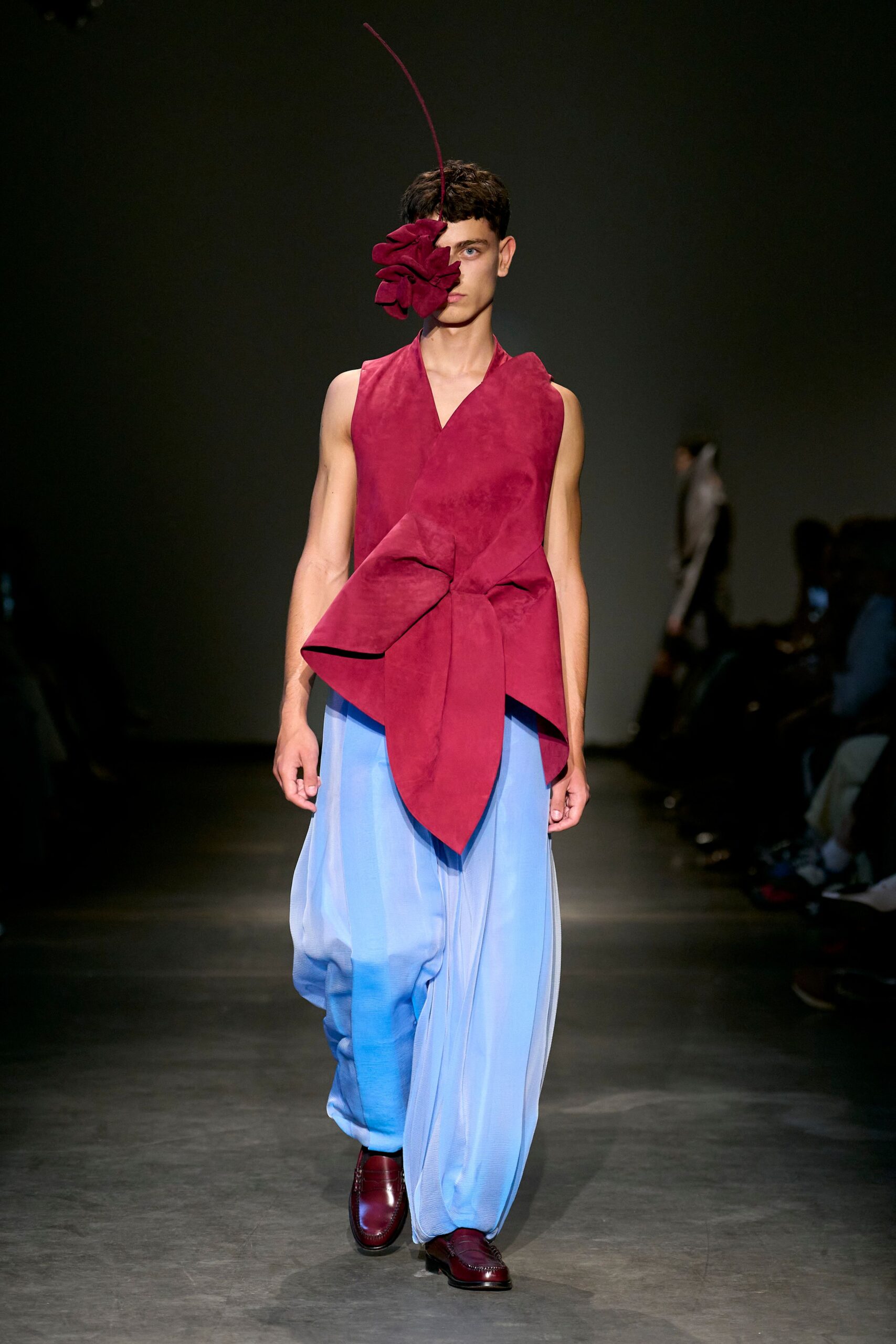 red suede sleeveless v-neck fitted draped vest
