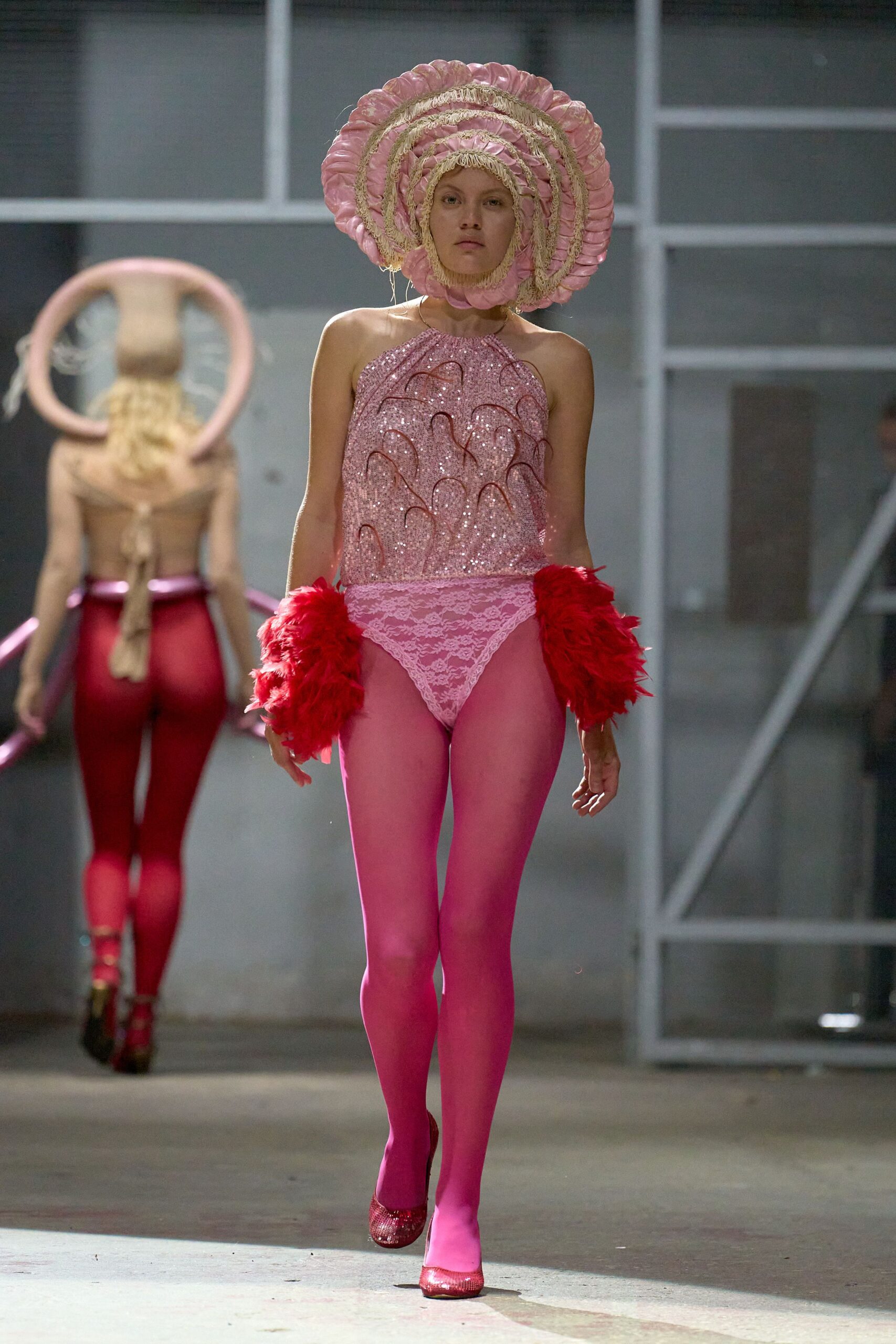 pink silk sleeveless high-neck fitted ruffled sequined bodysuit