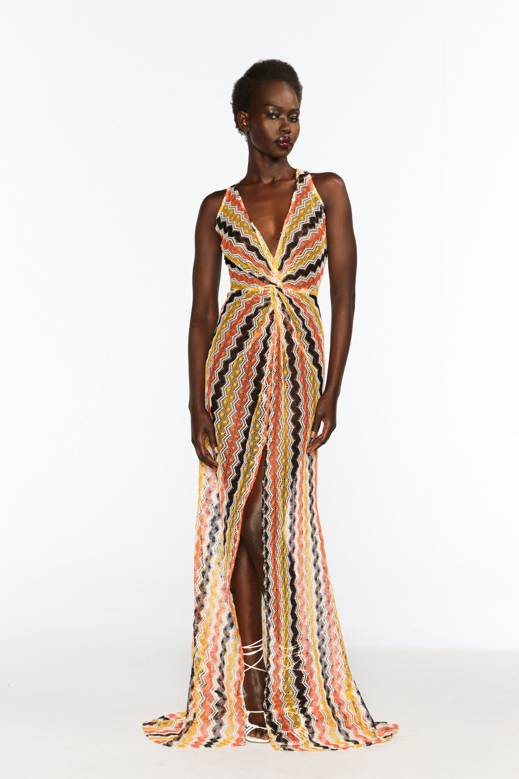 multi silk sleeveless v-neck fitted zigzag draped gown