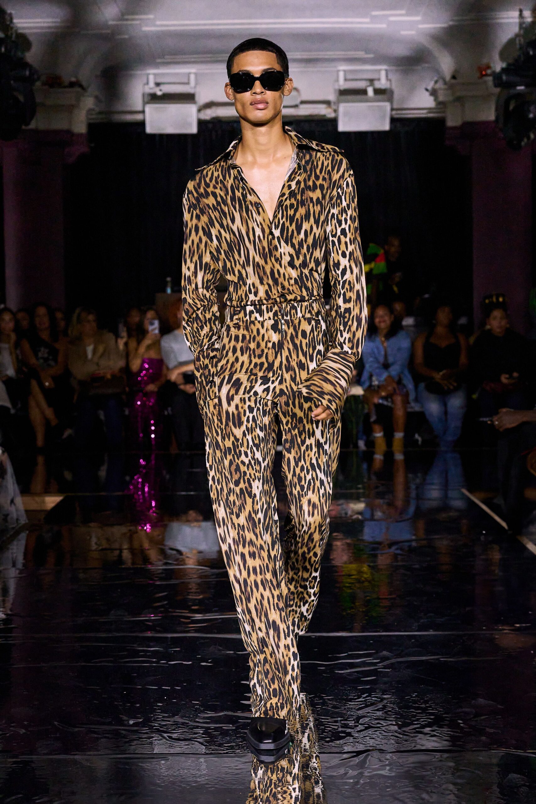 brown cotton long-sleeve collared fitted animal-print jumpsuit