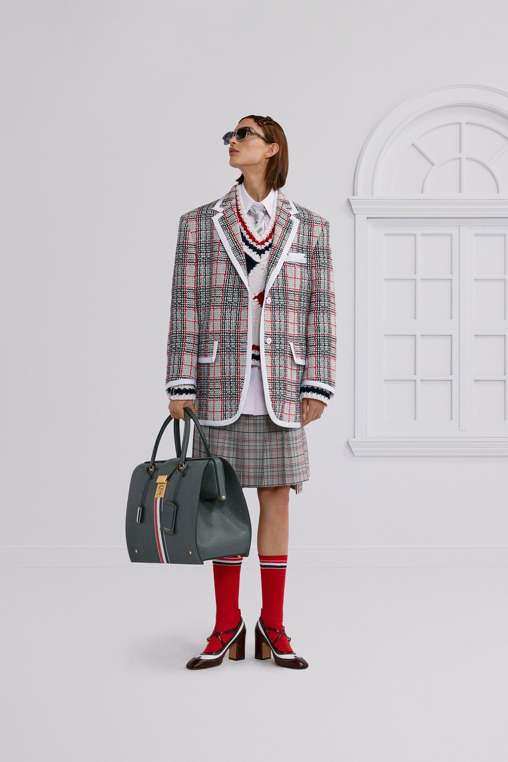 multi tweed long-sleeve collared structured checked buttoned blazer