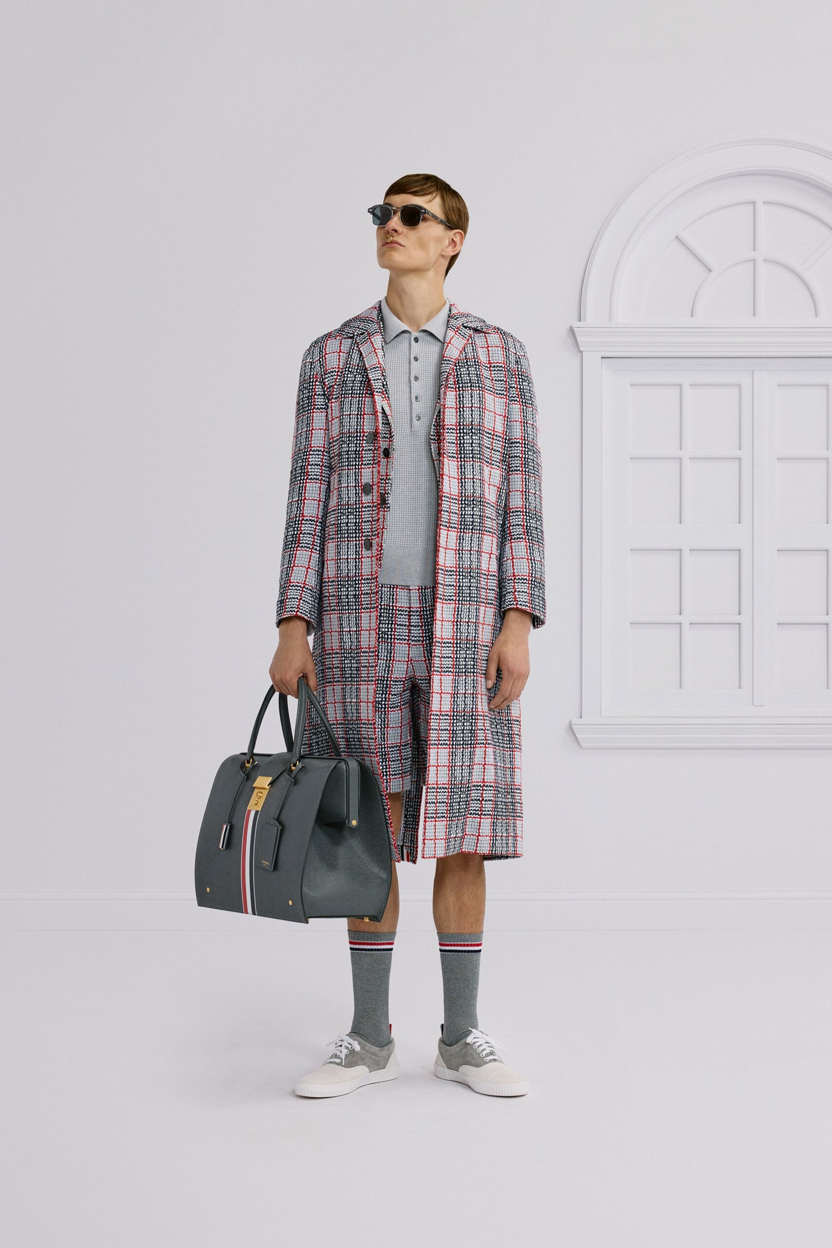 gray checked coat with shorts
