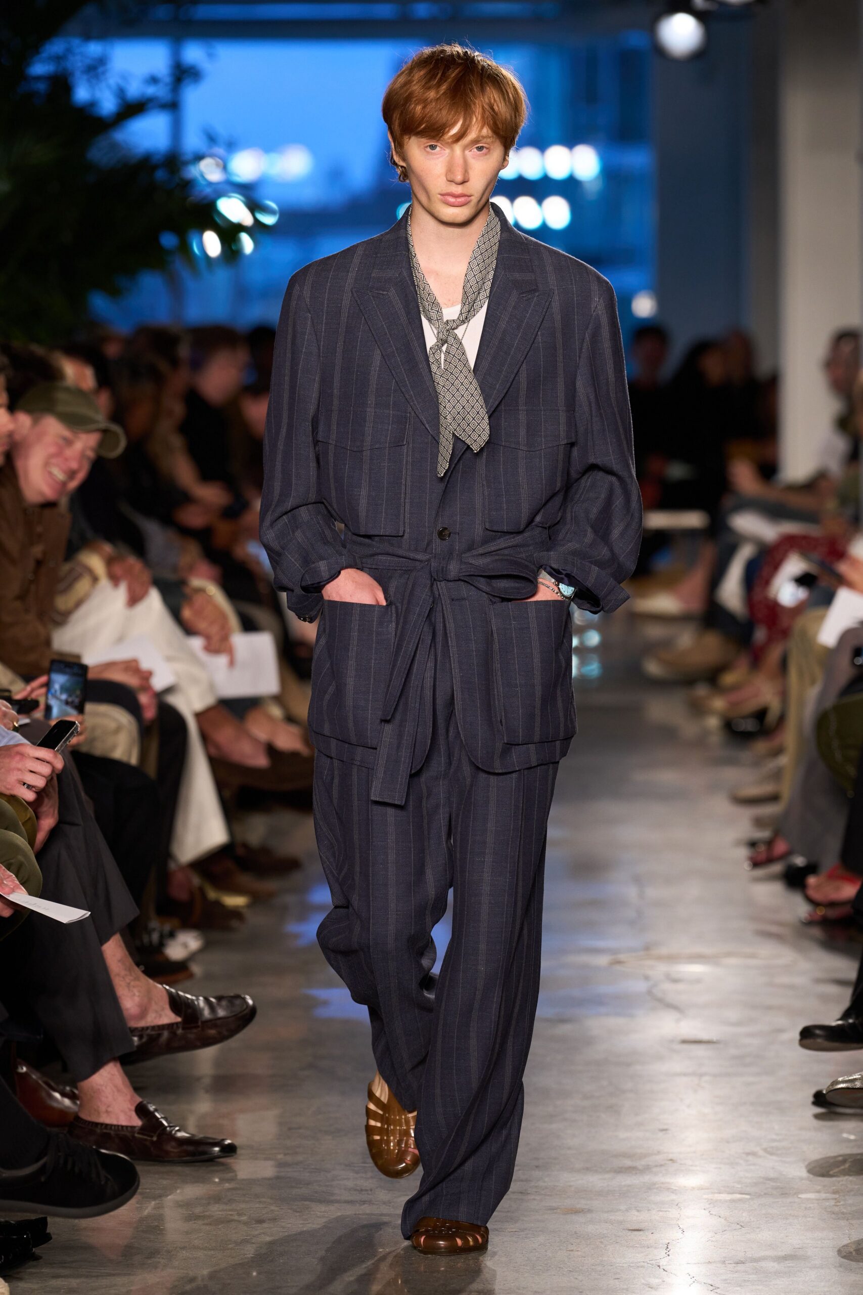 blue cotton long-sleeve collared relaxed striped belted suit