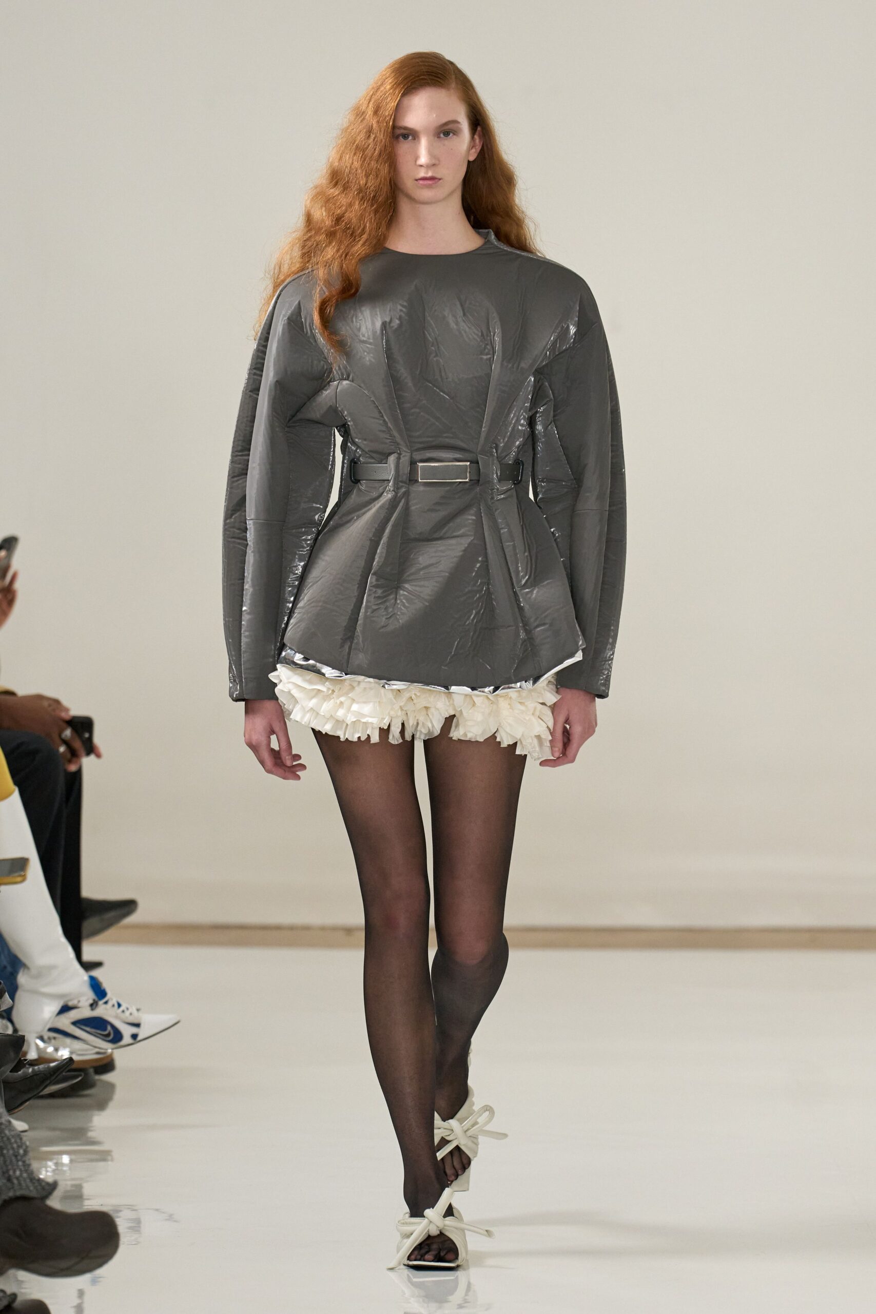 gray vinyl long-sleeve collared relaxed belted top