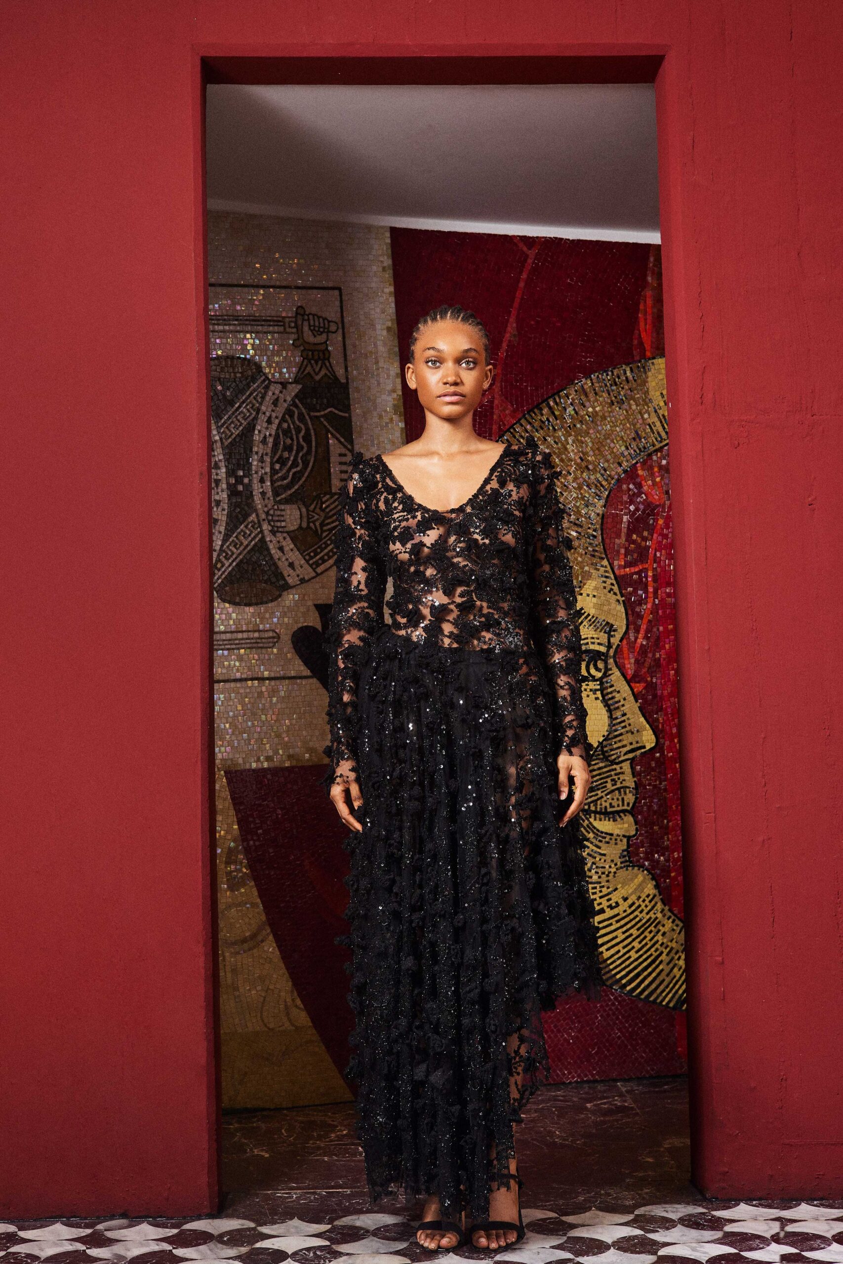 black lace long-sleeve v-neck fitted layered sequined dress