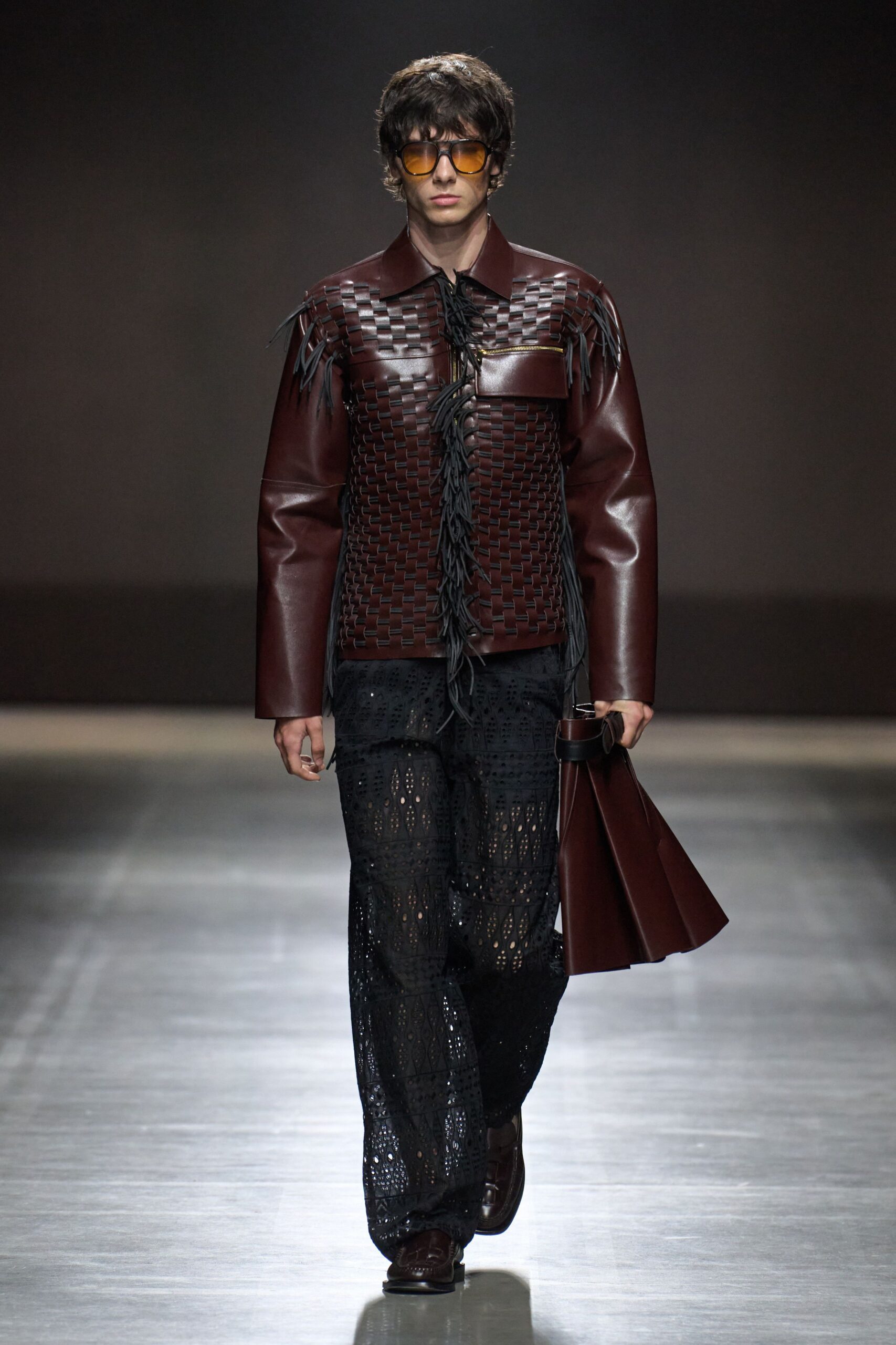 brown leather long-sleeve structured fringed jacket