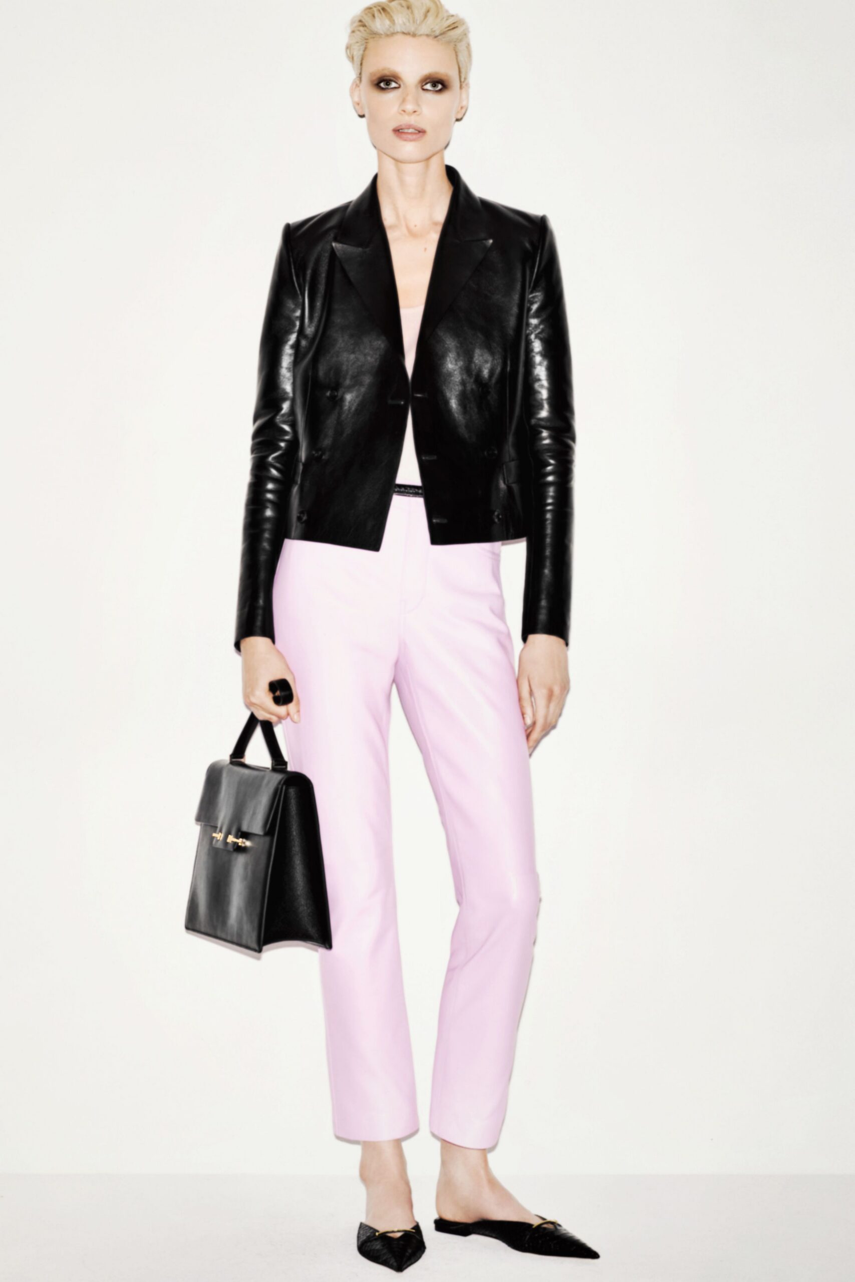 black leather jacket pink pants