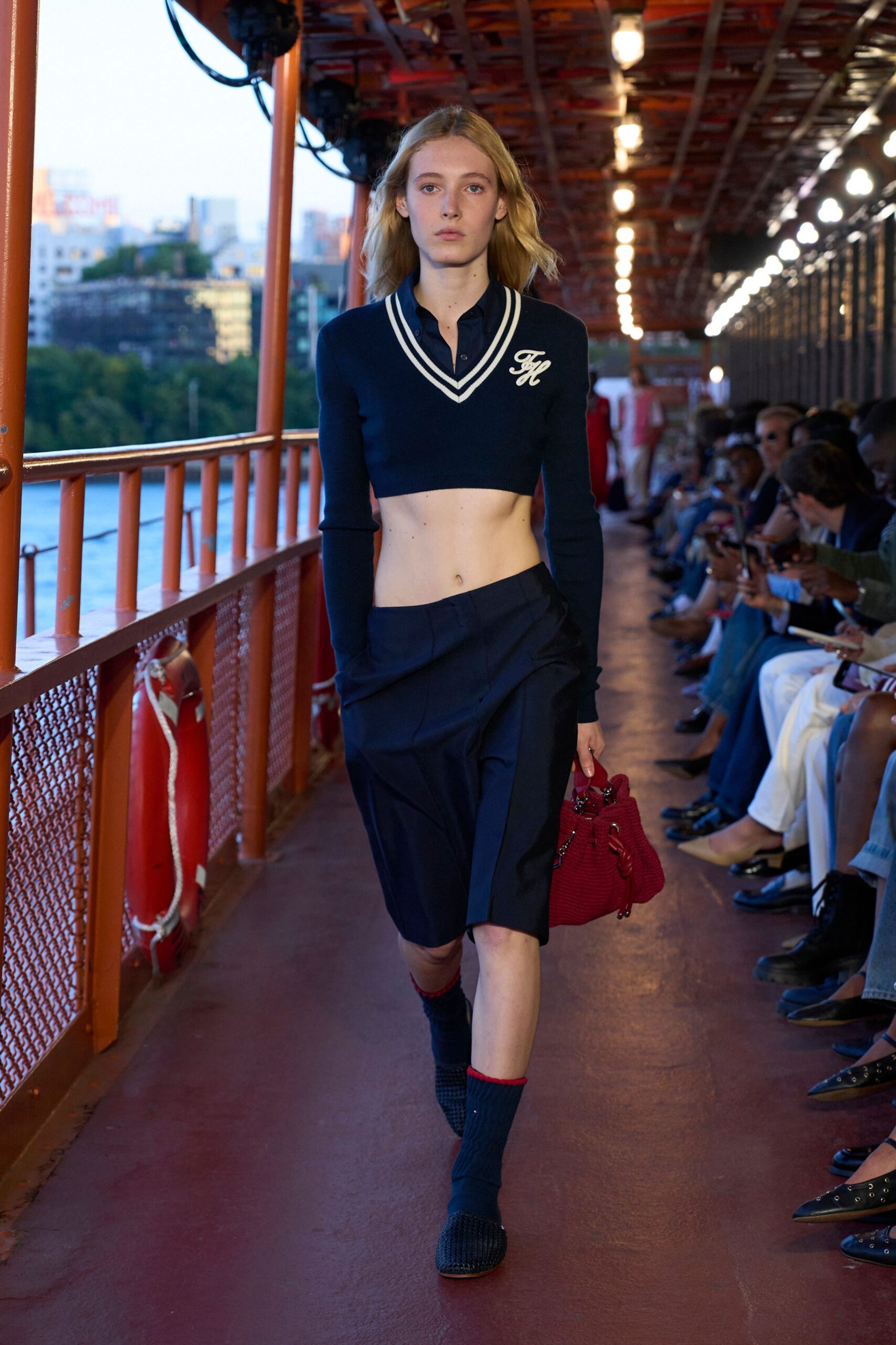 blue cotton long-sleeve v-neck fitted embroidered cropped crop-top