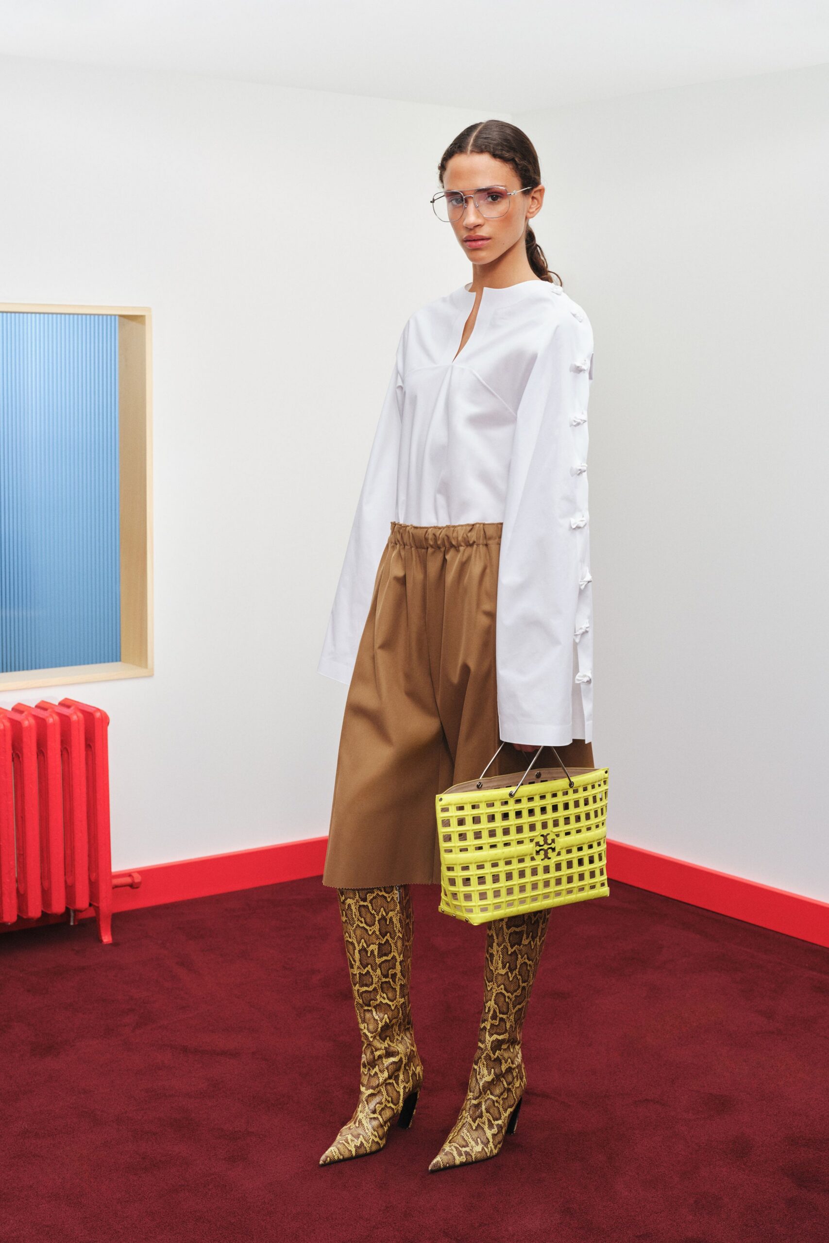 white shirt brown pleated skirt