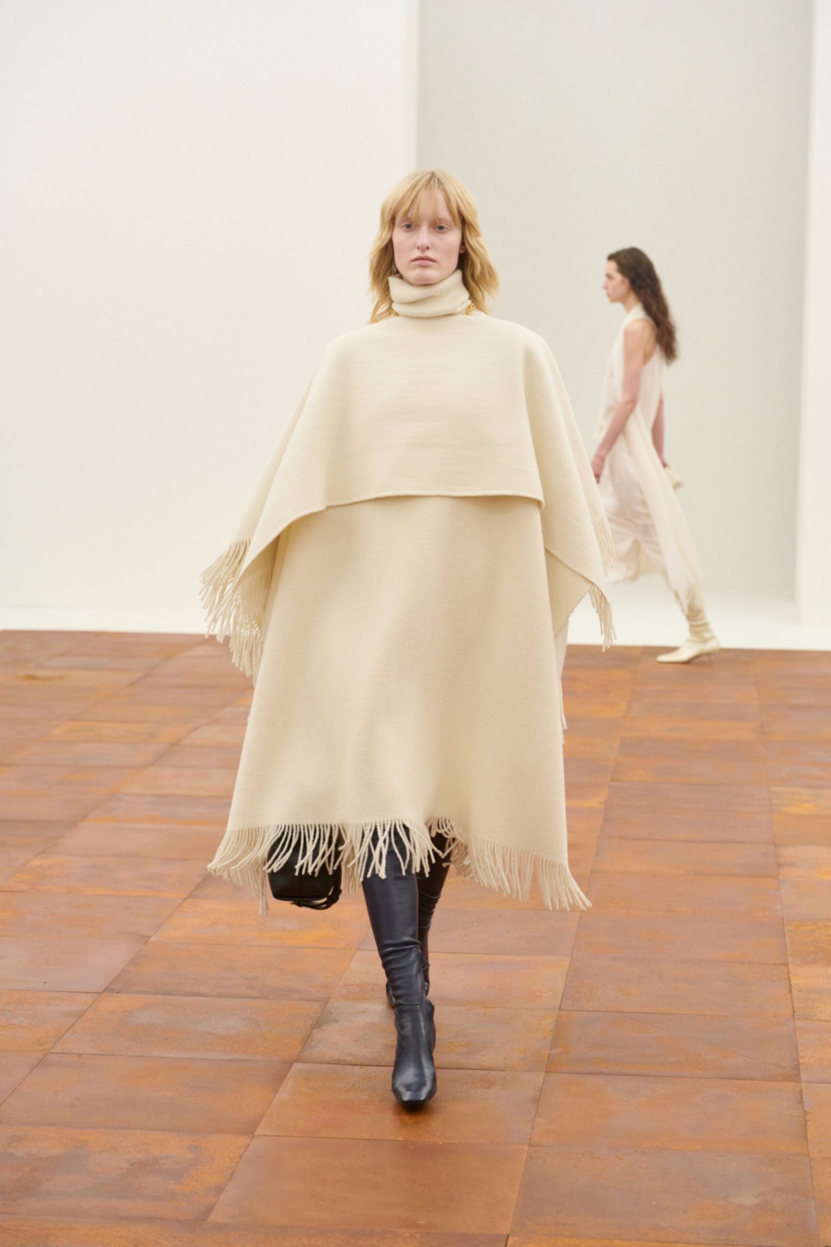 beige wool long-sleeve high-neck relaxed fringed poncho