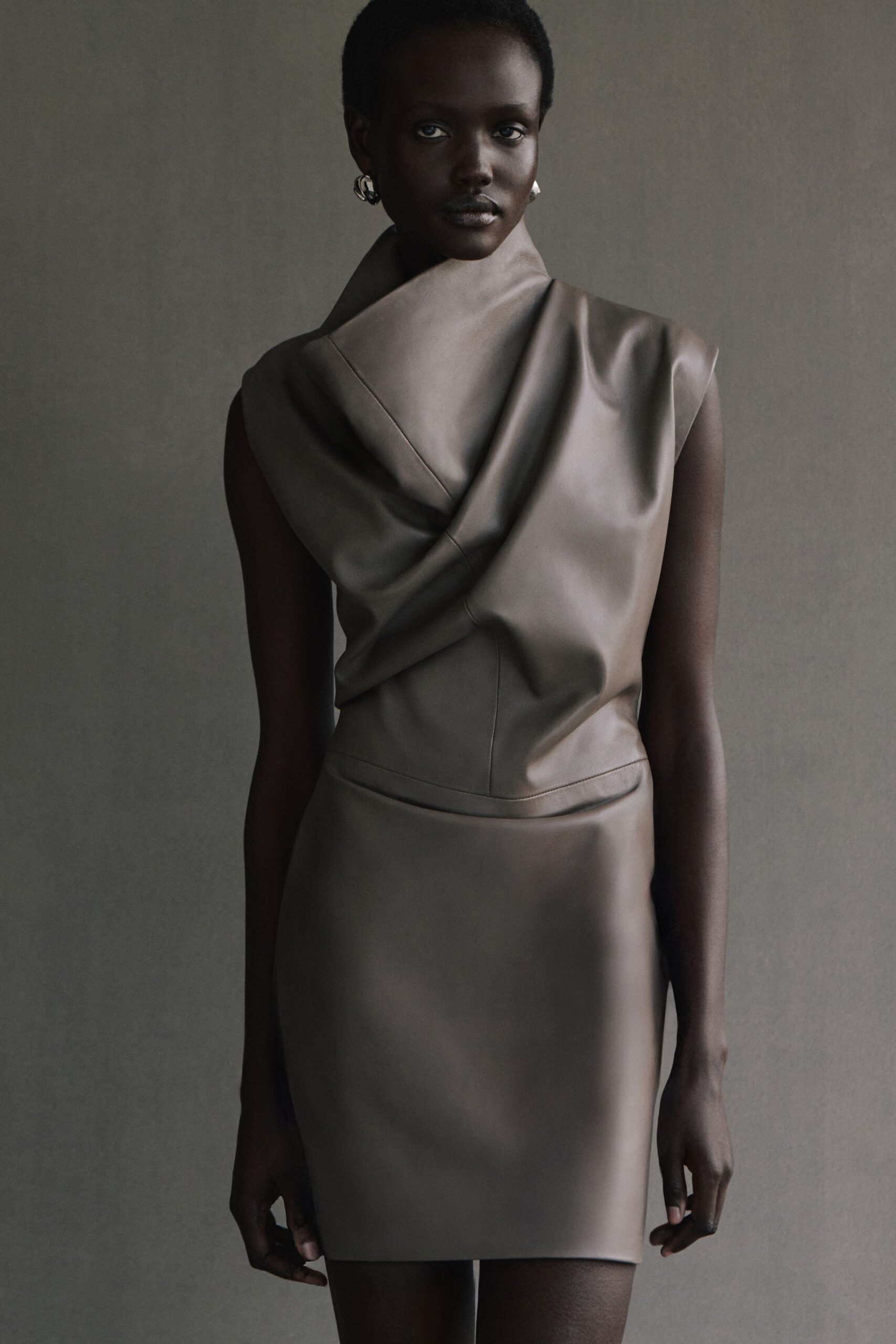 brown leather sleeveless mini dress