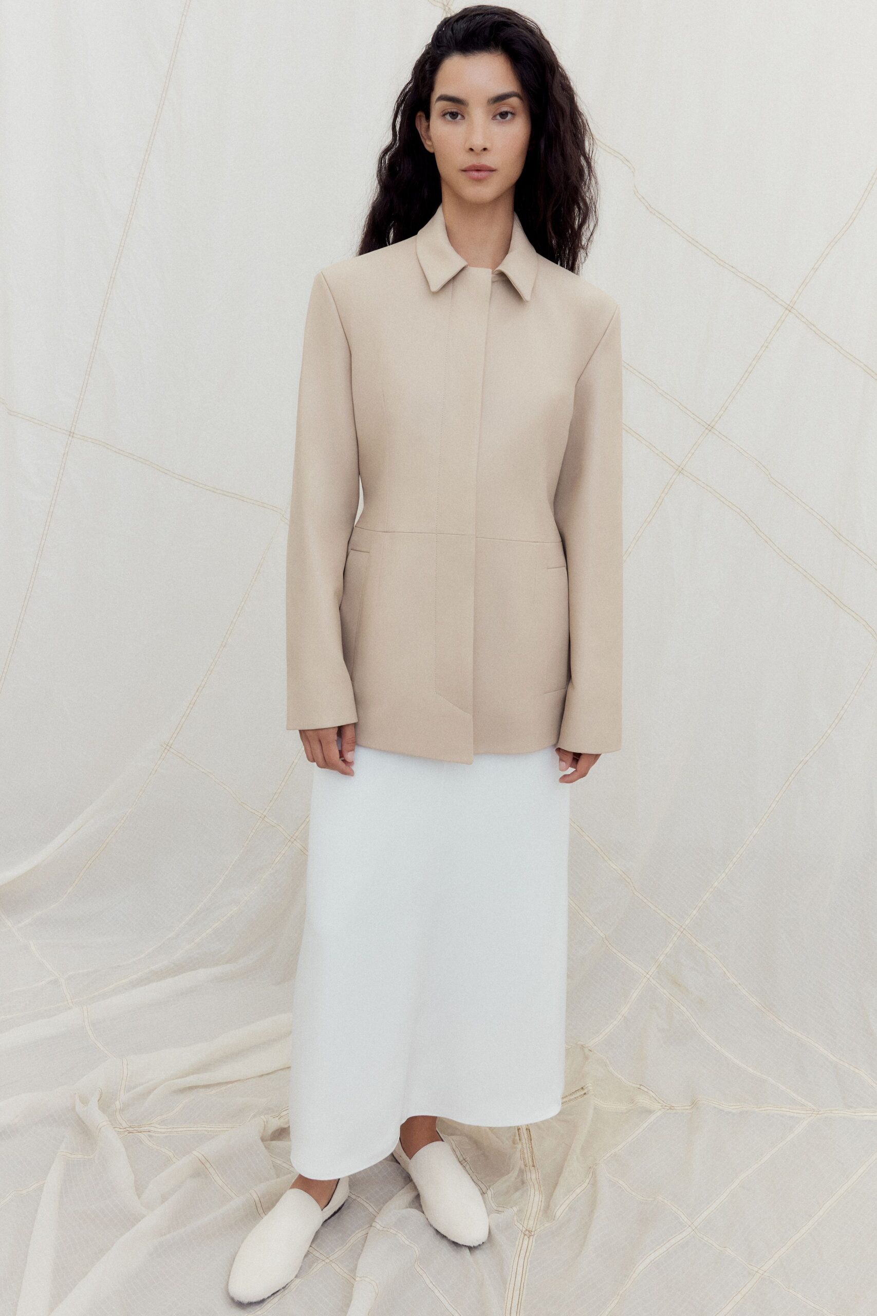 beige cotton long-sleeve collared structured jacket