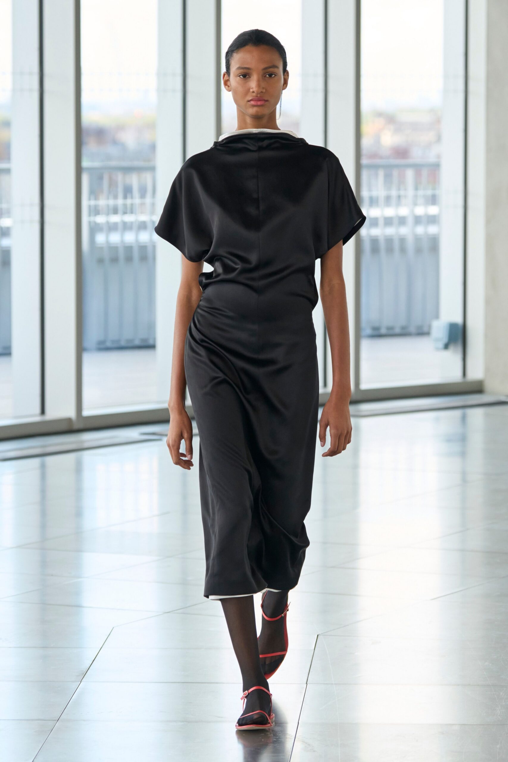 black silk short-sleeve high-neck fitted draped flowing dress