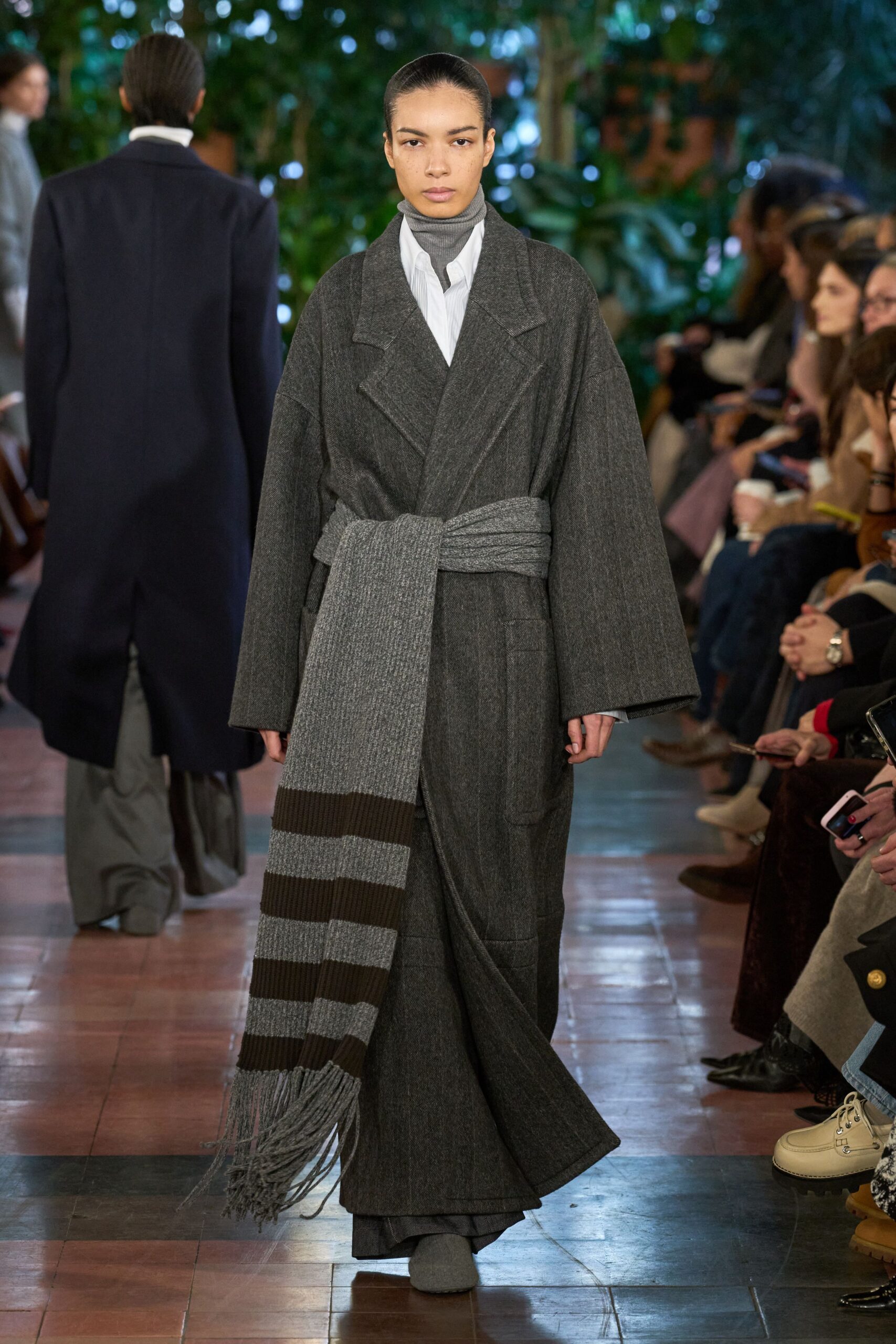 gray wool coat with belted detail