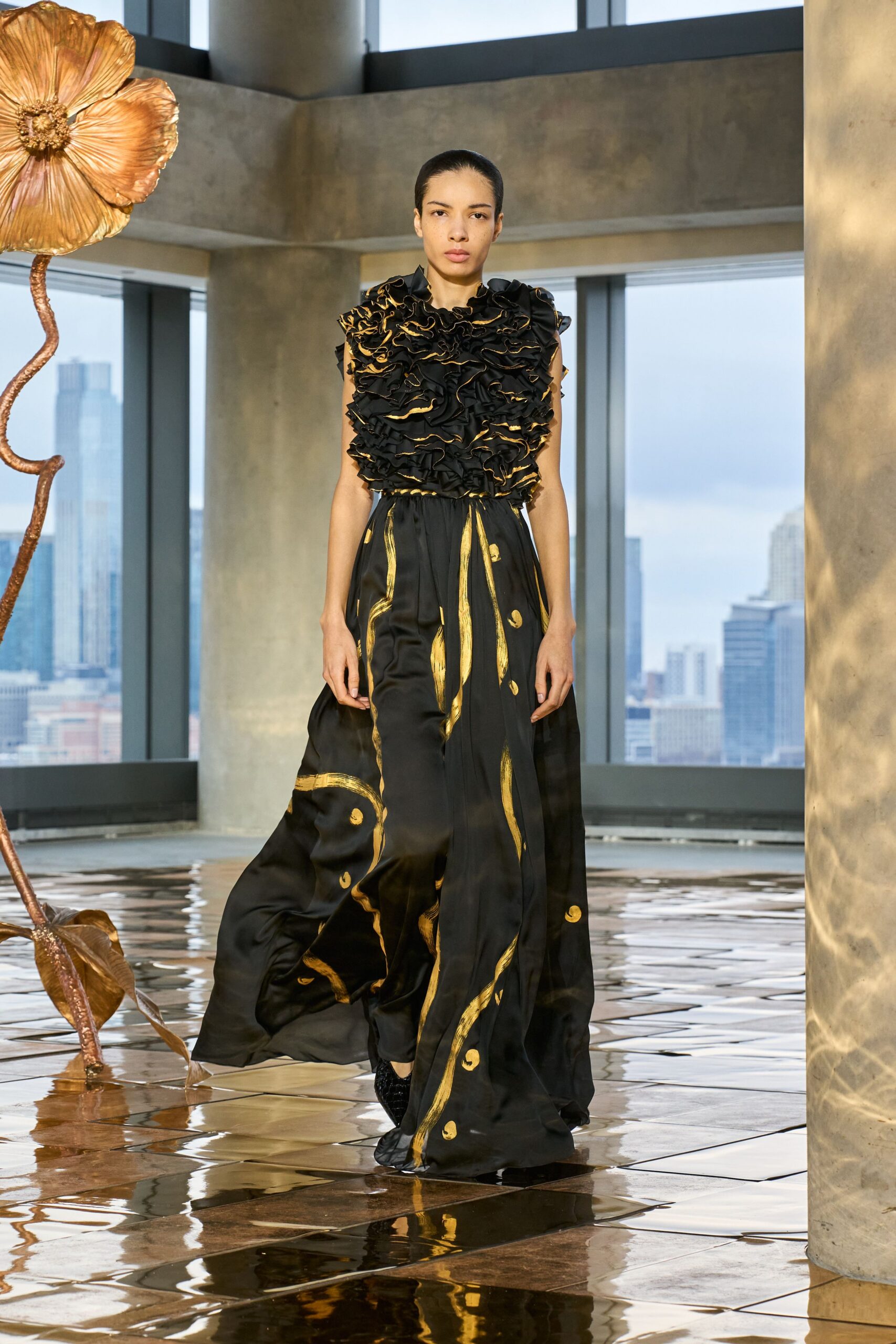 black silk ruffled gown