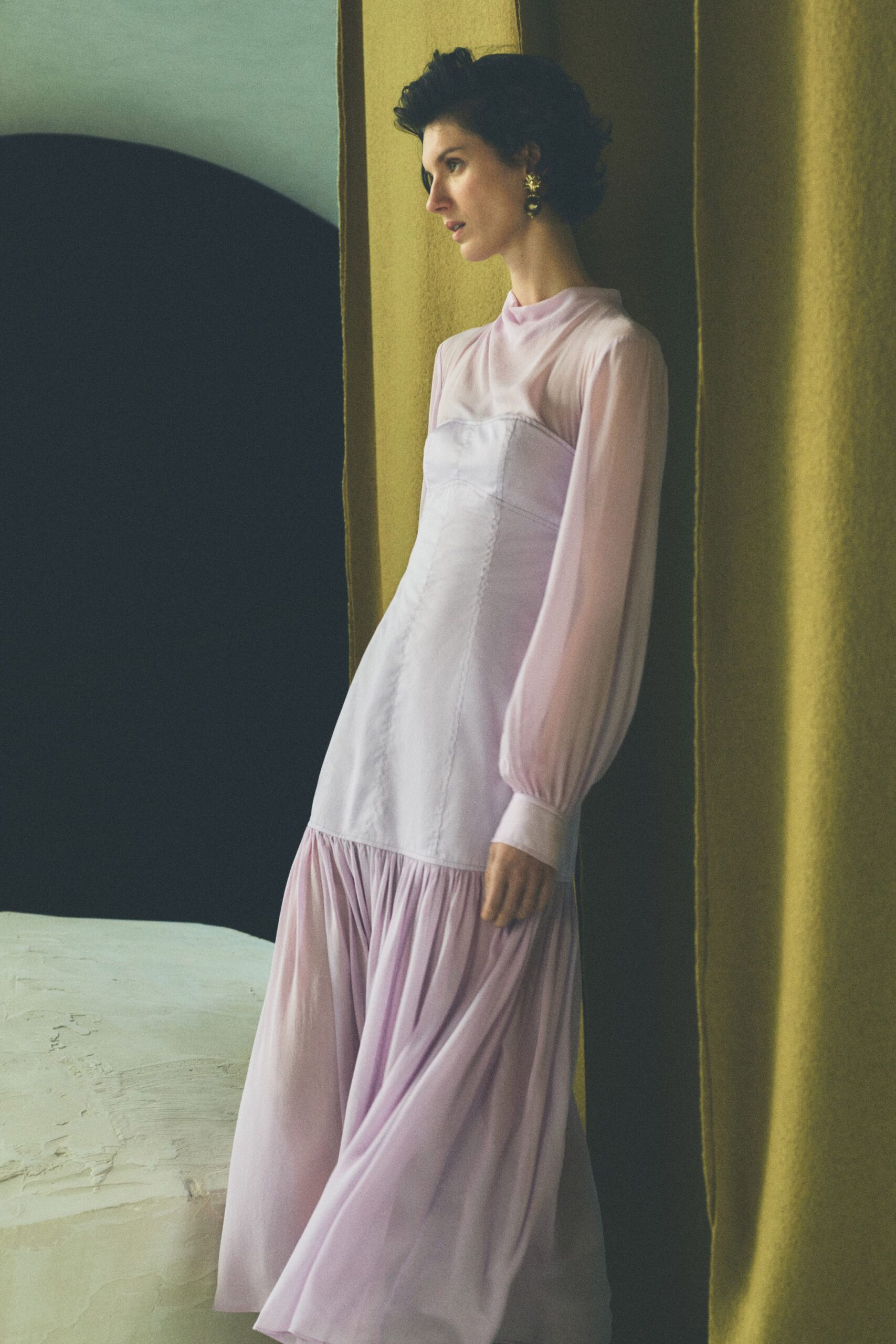 lavender silk long-sleeve dress