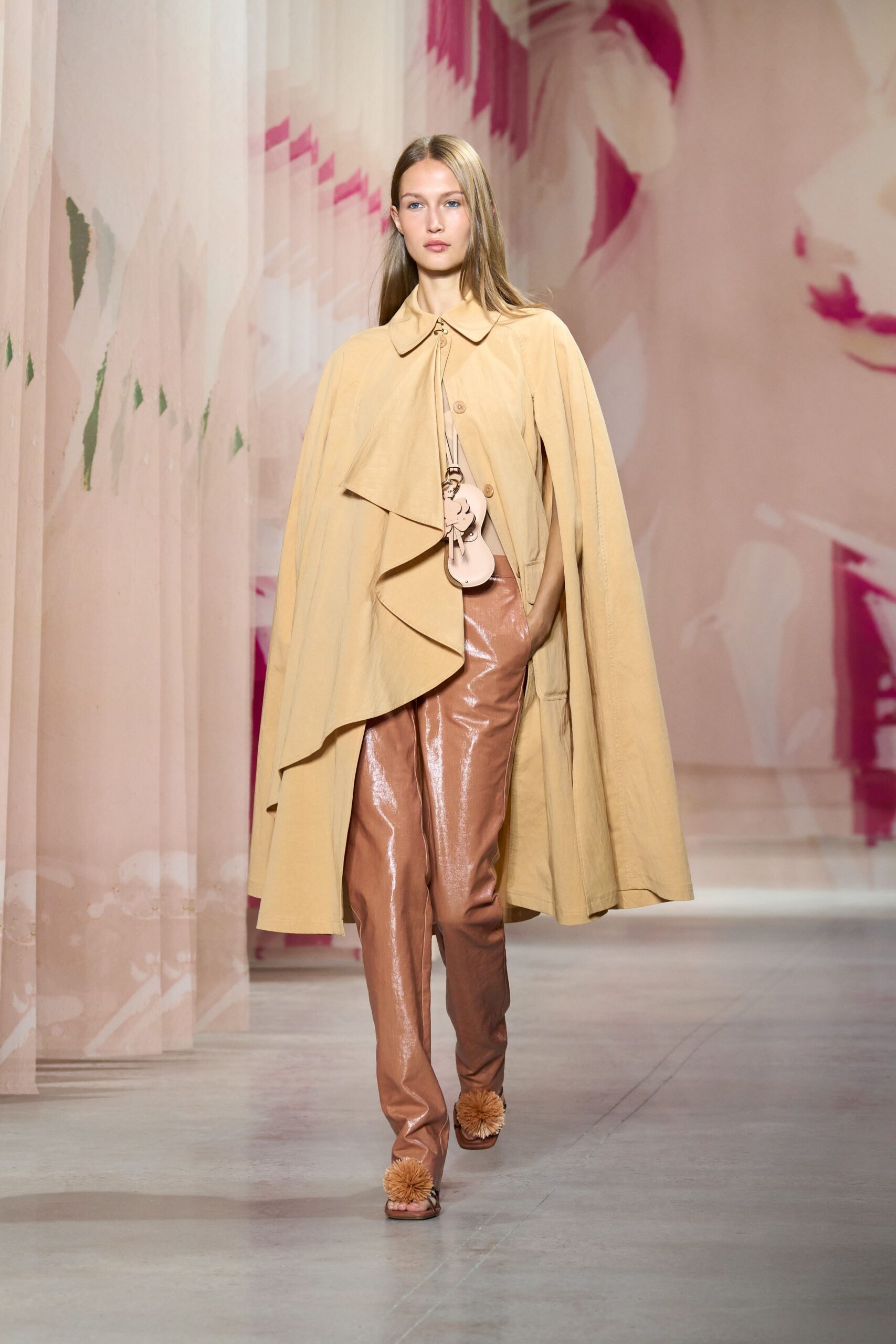 brown leather fitted straight-leg shiny pants