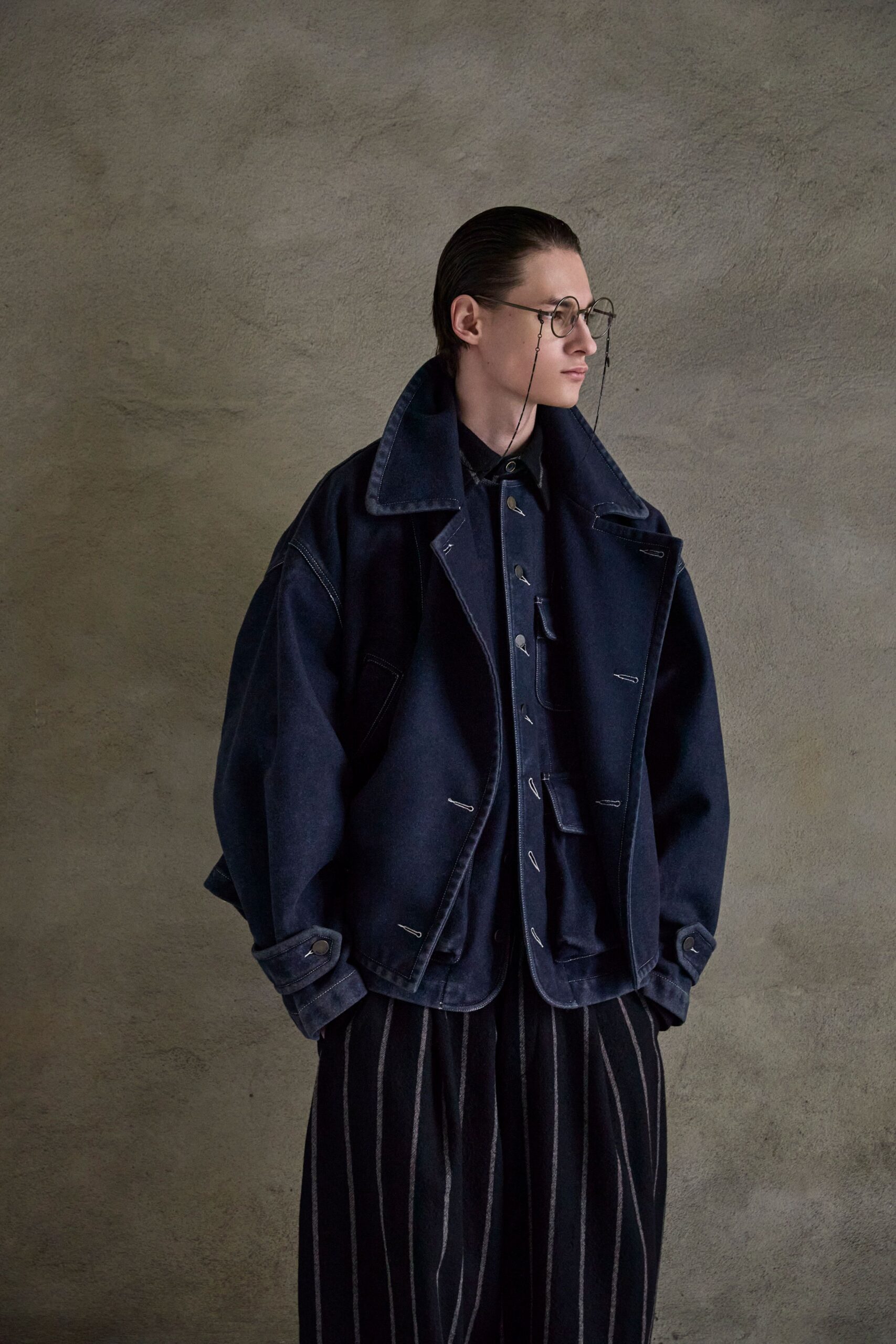 blue denim long-sleeve collared oversized distressed jacket